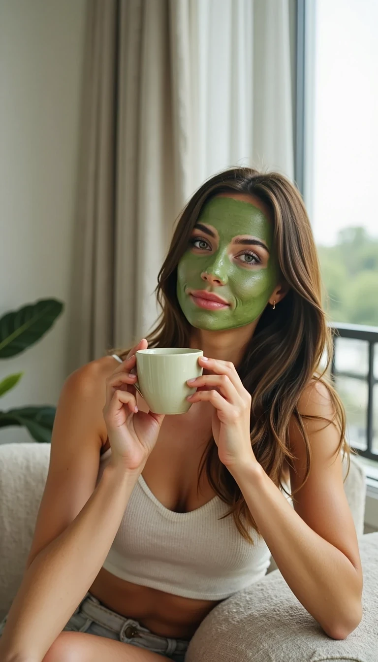 iphone portrait low quality Snapchat photo 2015  of CSTMDL woman morning on balcony sitting wearing hydrating facemasks drinking green  coloured matcha 