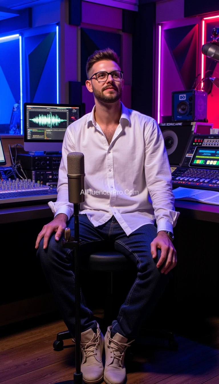 A handsome man sits in a professional recording studio with realistic details, 29 years old, smooth oval face without beard and mustache, and lively atmosphere. He is wearing a white shirt with the top three buttons undone, dark blue jeans that fit well, light beige boots, undercut hair with a little stubble and highlights, and wearing stylish glasses. The man looks straight ahead with a confident and charismatic expression, showing his professional energy. In front of him is a vintage microphone reflecting the light from the studio lights. The studio around him is full: walls with modern geometric acoustic panels, shelves filled with audio equipment such as mixers and amplifiers, and tables with sophisticated equipment such as tablets, audio mixers, and small scripts. Blue, purple, and red LED lights give an elegant and futuristic impression, while the glass window behind shows the control room with a full screen of audio waveform graphics. Perfect lighting highlights this man, creating a professional and dynamic atmosphere. best work, details, and perfect lighting.