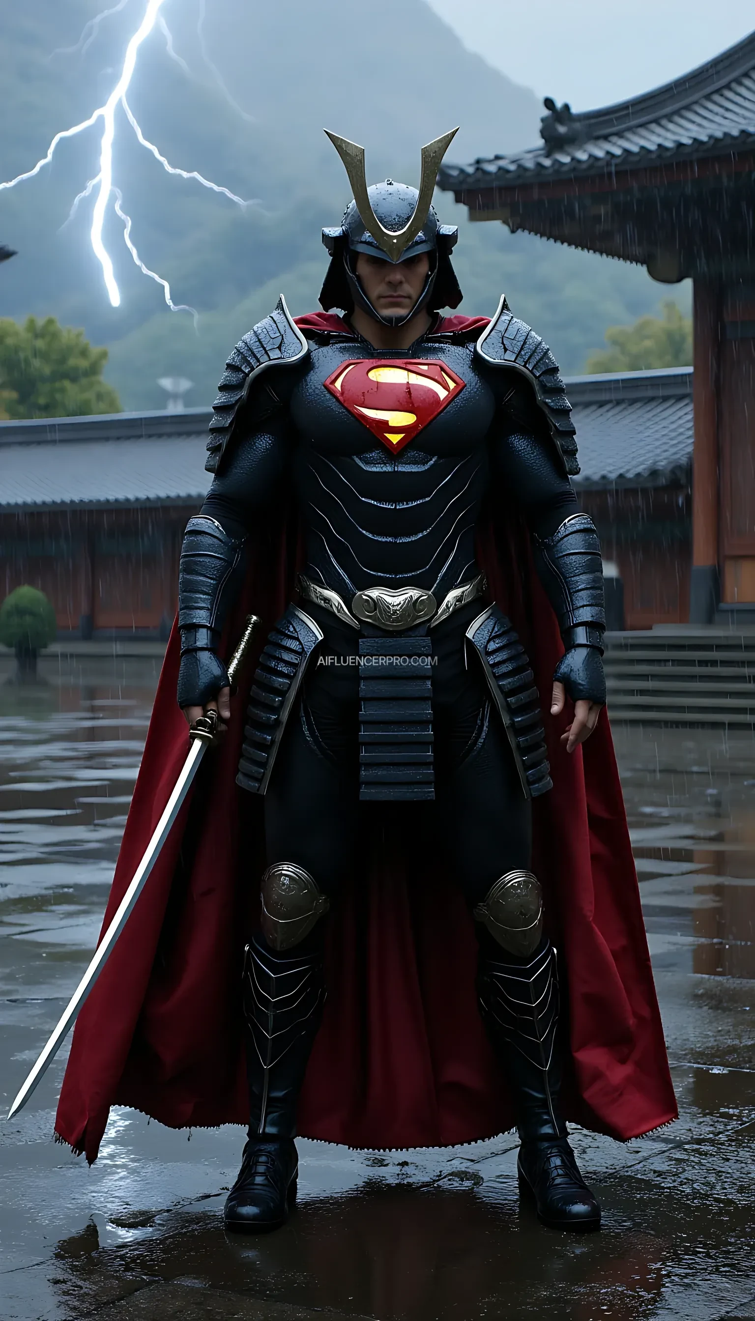 A photorealistic Superman wearing a majestic samurai-inspired suit, combining traditional Japanese armor with futuristic design. The samurai armor features intricate, metallic plating, with glowing accents that emphasize the advanced technology within. The iconic 'S' symbol is subtly integrated into the chest plate, radiating an aura of power. He wears a modernized samurai helmet, its sleek lines dripping with rain as water streams down his armor. Superman grips a katana firmly in one hand, the blade shimmering under the pouring rain, while droplets cascade from its edge. The scene is set in an ancient Japanese temple courtyard during a torrential downpour. Thunder rumbles in the distance, and flashes of lightning briefly illuminate the darkened sky. Puddles form on the stone ground, reflecting the temple's towering silhouette. Superman stands poised, his cape soaked and clinging to his body, as he prepares for an intense battle amidst the dramatic, rain-soaked atmosphere.