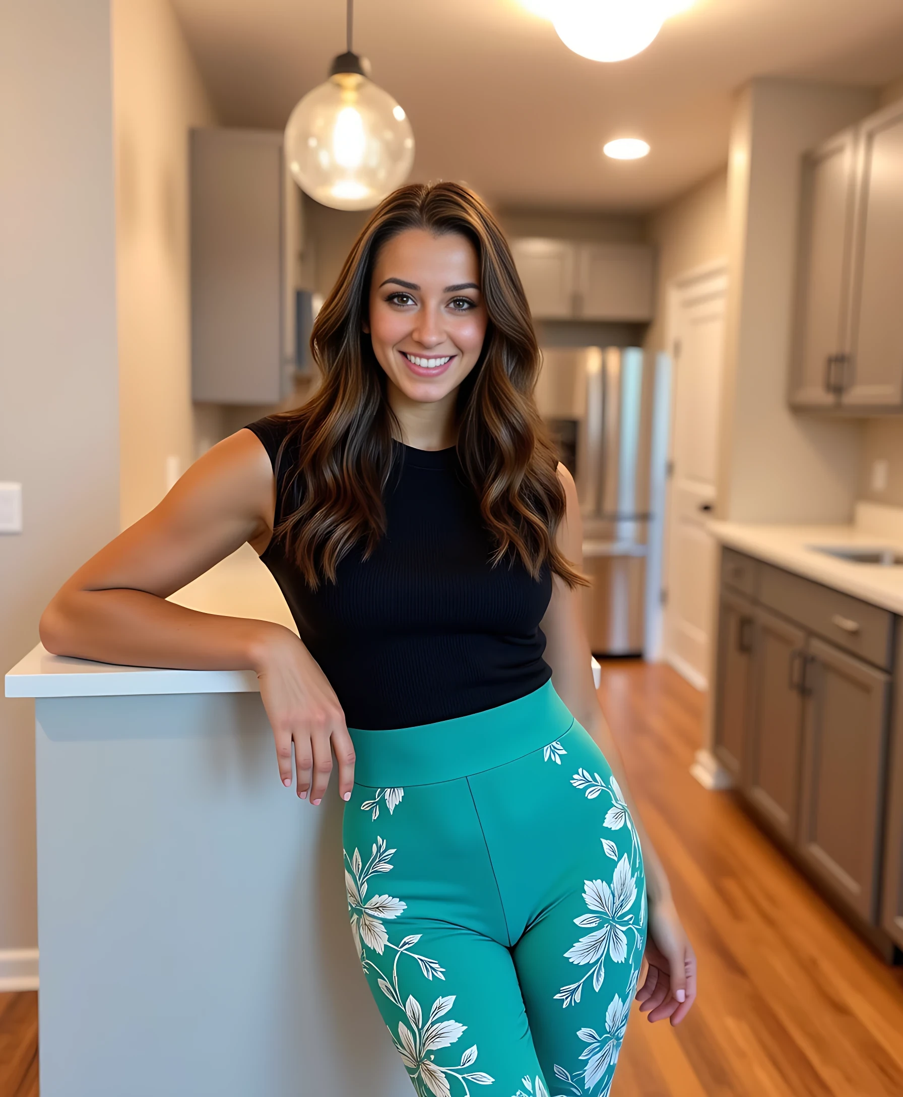 A smiling woman with wavy brown hair wears a black top and vibrant teal leggings with a white floral pattern. She is leaning against a kitchen counter, which has a modern design with wooden floors and stainless steel appliances. Soft, ambient ceiling lights and a round glass pendant light add warmth to the space. Her pose is relaxed and cheerful, and a stainless steel appliance and a door are visible in the background. CSTMDL 