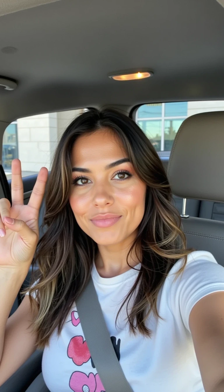 IMG_3434.HEIC, CSTMDL Hispanic woman selfie in a car parked in front of a building, low-quality snapchat image shot on phone camera, woman winking at camera holding up the peace sign, lips are imitating a kissy face, cute vibe, circa 2013