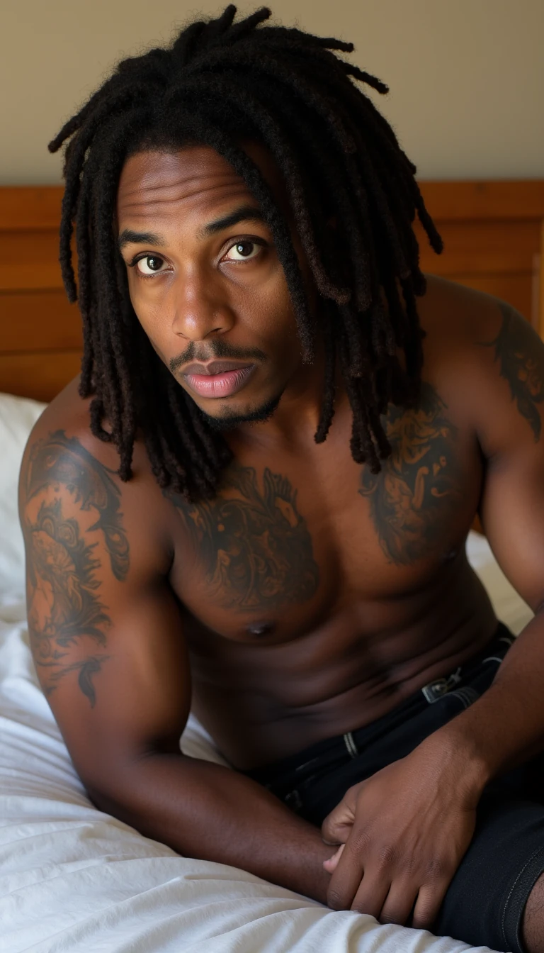 make me a older black man 50 + blue eyes and dreads make him buff with tattoos sexy on a bed 
