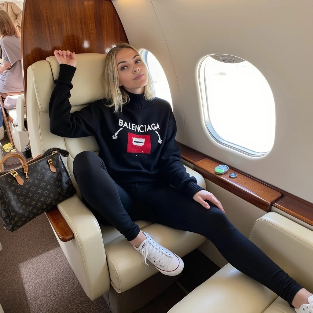 This is a photograph of a young woman seated in the back of a private plane. The woman has fair skin, straight, shoulder-length blonde hair, and is wearing minimal makeup. She is dressed casually in a black turtleneck sweater with the text "BALENCIAGA" and in red and white, paired with black leggings and white Converse sneakers. Her legs are spread out, and she is sitting with her knees bent, one hand holding her hair back and the other on her knee.

The interior of the private plane is luxurious, with cream-colored leather seats and polished wood paneling. The window to her right is open, allowing natural light to flood the cabin, creating a bright and airy atmosphere. A Louis Vuitton handbag is visible on the seat next to her, and there are small items, possibly snacks or drinks, on the table in front of her. The background includes the blurred outlines of other young passengers, suggesting a small group is traveling together. The overall ambiance of the photo is relaxed and chic, capturing a moment of leisurely travel.