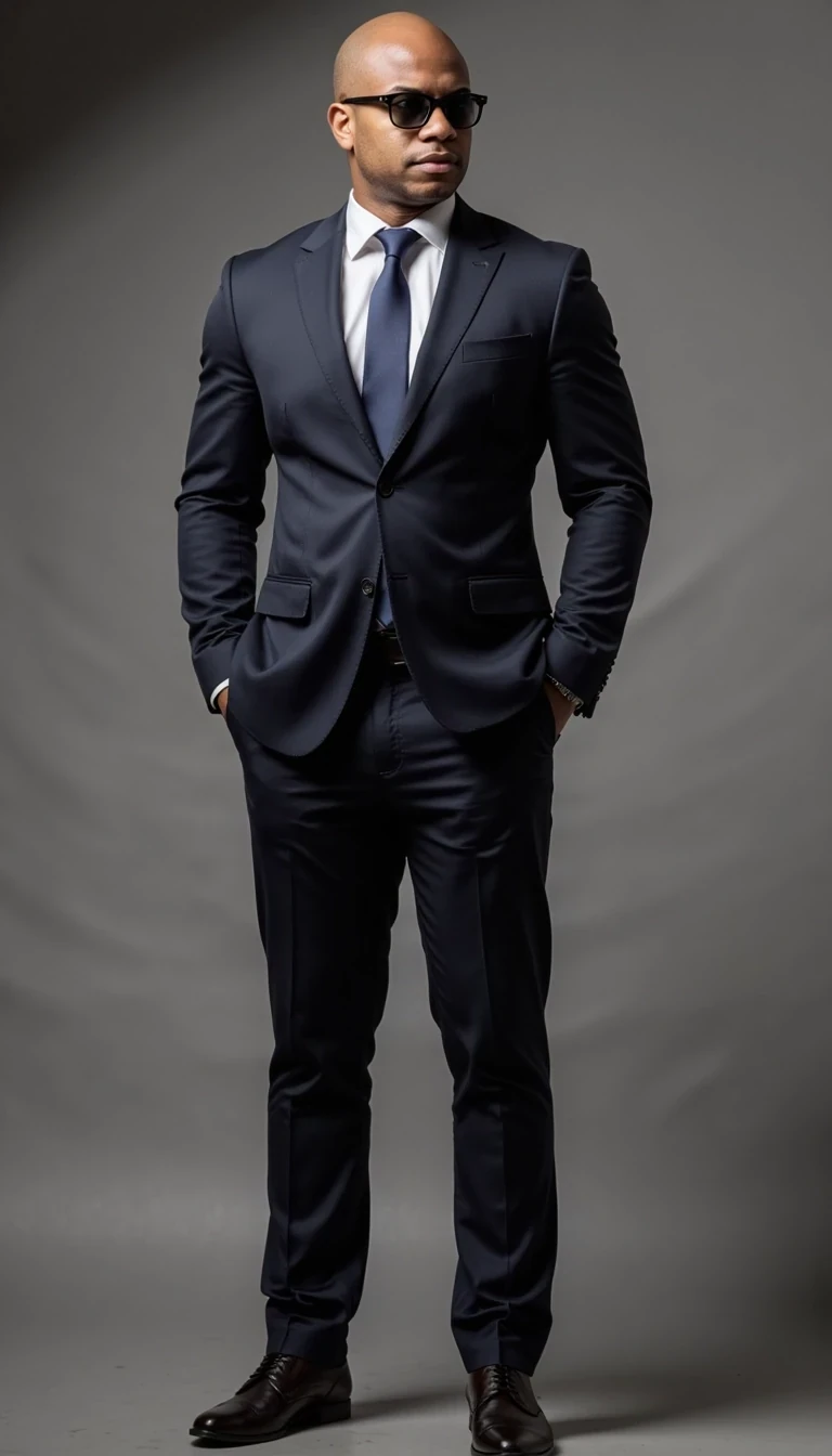 iPhone Photorealistic Full body image. make him more realistic and similar. Powerful CEO, He is wearing a suit and modern ray ban reading glasses . Slim but lightly muscular build. He is looking beyond and to the side of the camera , as if the paparazzi is shooting him while he is standing in the front of an executive conference room to sell his project. He looks like a confident stud, CSTMDL, Face of Carter and bald head