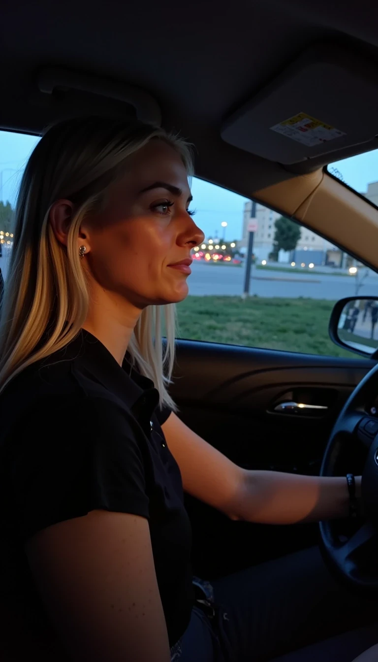 CSTMDL, Hailey, Hyperrealistic cinematic portrait of an early 20 woman driving her silver Toyota Corolla 2015 at night, illuminated by soft neon reflections from city lights. She looks relaxed yet slightly tired after work, her long blonde hair gently catching the glow of passing streetlights. she is wearing a fitted black short-sleeved polo shirt, tucked into slim black pants, no visible accessories; The windshield shows blurred reflections of headlights and taillights in motion, creating a dreamy atmosphere. A subtle warm light highlights her face while cool blue tones from the dashboard softly contrast. The background hints at urban buildings and quiet streets as she heads toward her apartment. Photorealism, analog film texture, crisp details, cinematic depth of field, night photography aesthetic.