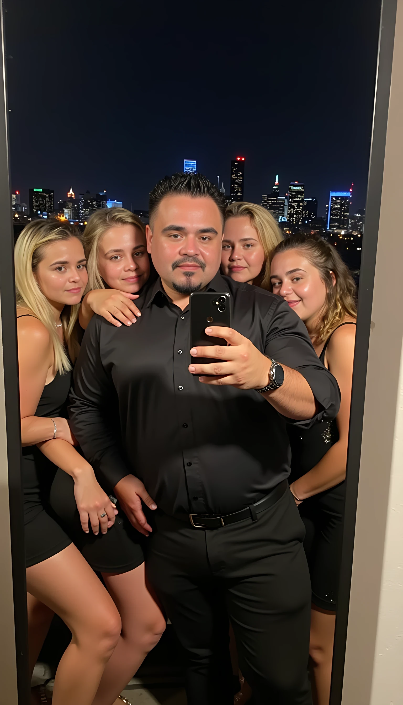 Selfie in a  mirror full man body wearing a  nice black dress shirt   Hugging with 5 blonde girls in a  big city night lights background 
