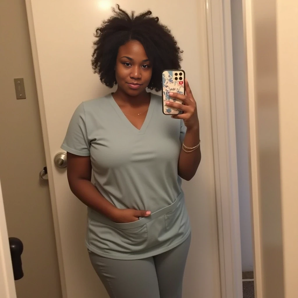 boring low quality snapchat photo circa 2015, cute woman, thick body, standing, full body, big butt, nurse, short curly hair, African American, black