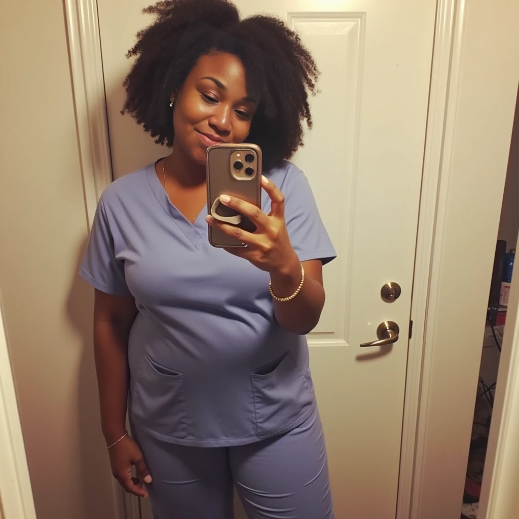 boring low quality snapchat photo circa 2015, cute woman, thick body, standing, full body, big butt, nurse, short curly hair, African American, black