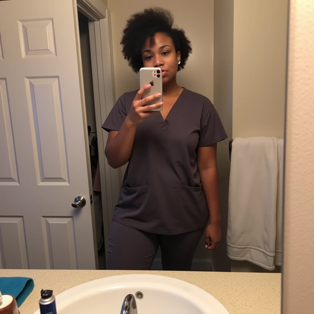 boring low quality snapchat photo circa 2015, cute woman, thick body, standing, full body, big butt, nurse, short curly hair, African American, black