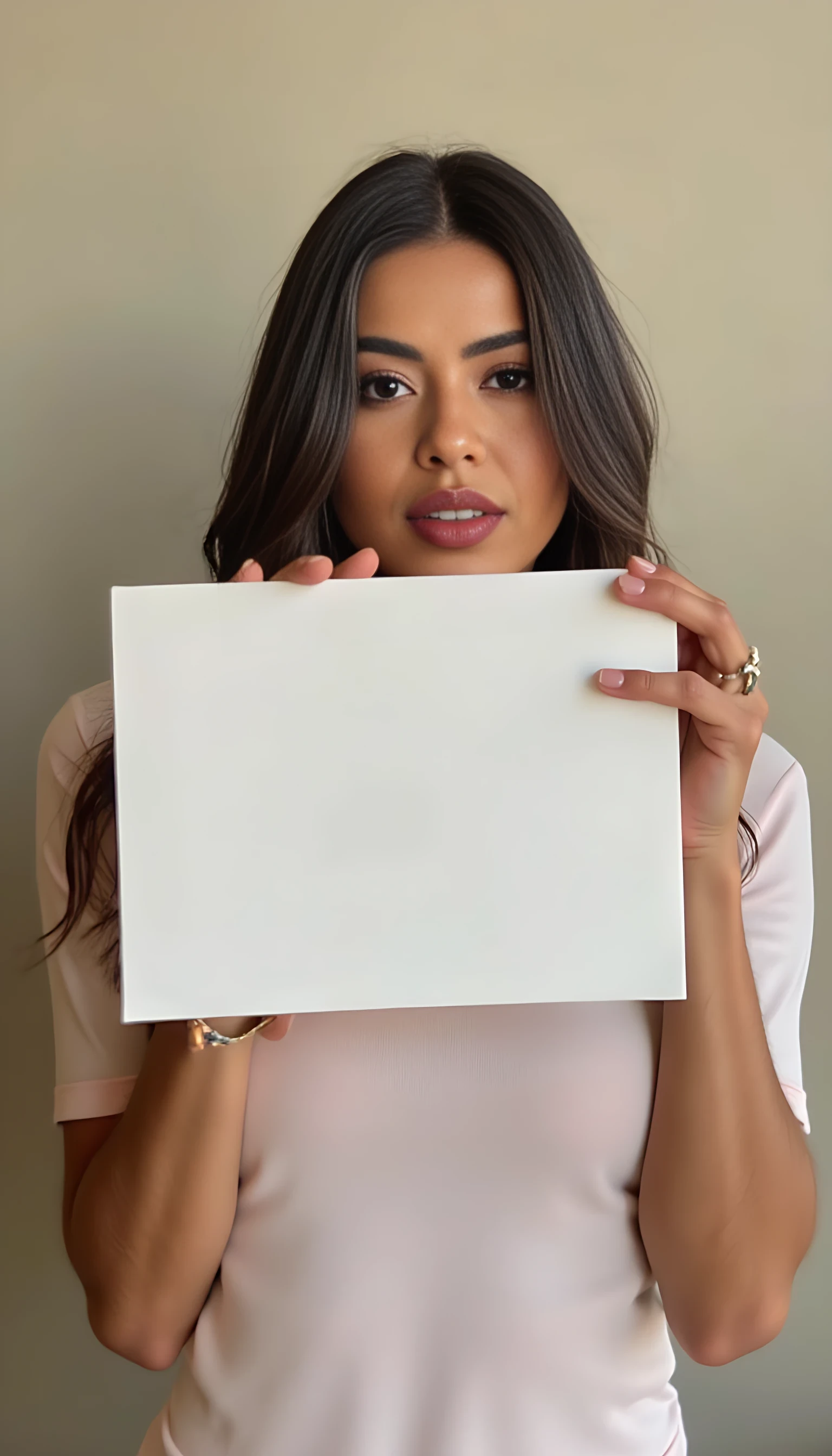photo of woman CSTMDL, holding a piece of white paper, wall background, natural lighting, boring low quality snapchat photo circa 2015, selfie, cute woman 