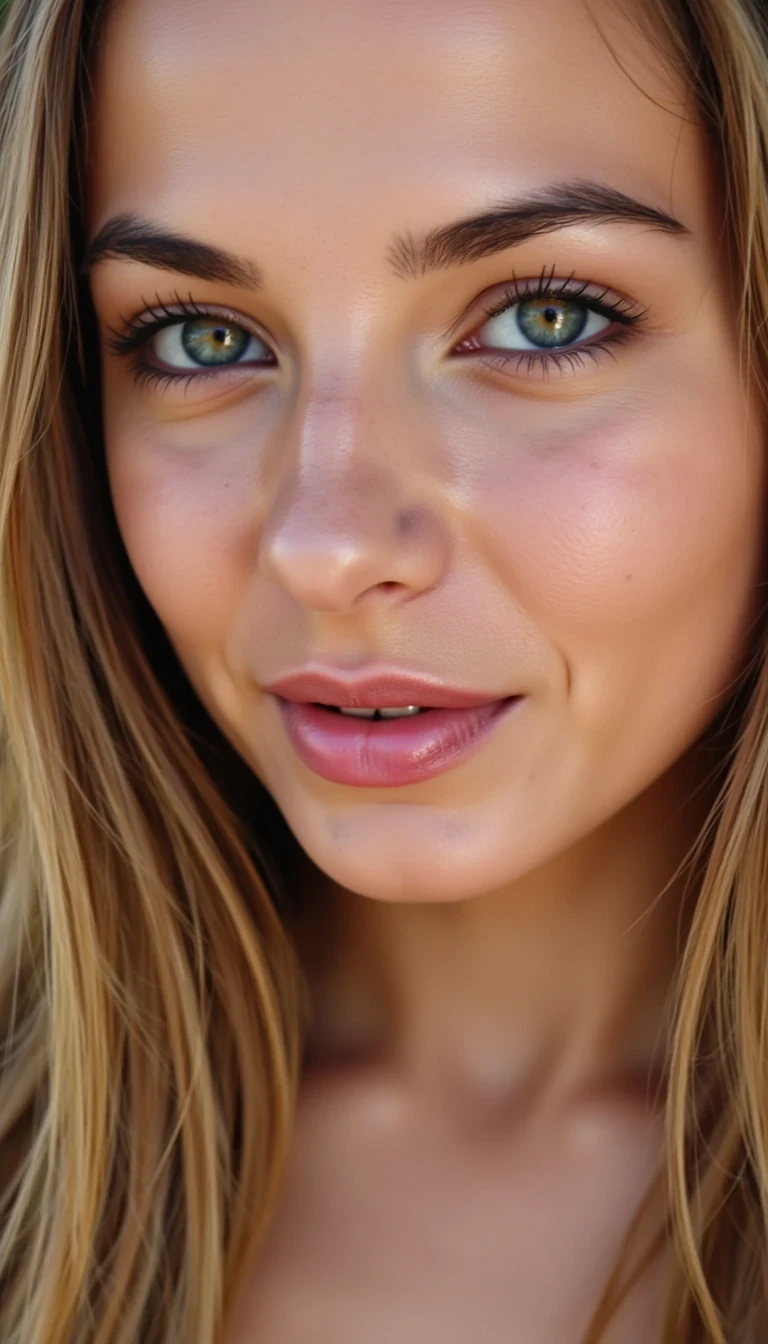 Close-up of CSTMDL woman's face, lips slightly parted, heavy-lidded eyes, suggestive expression, soft hair falling across one shoulder."
