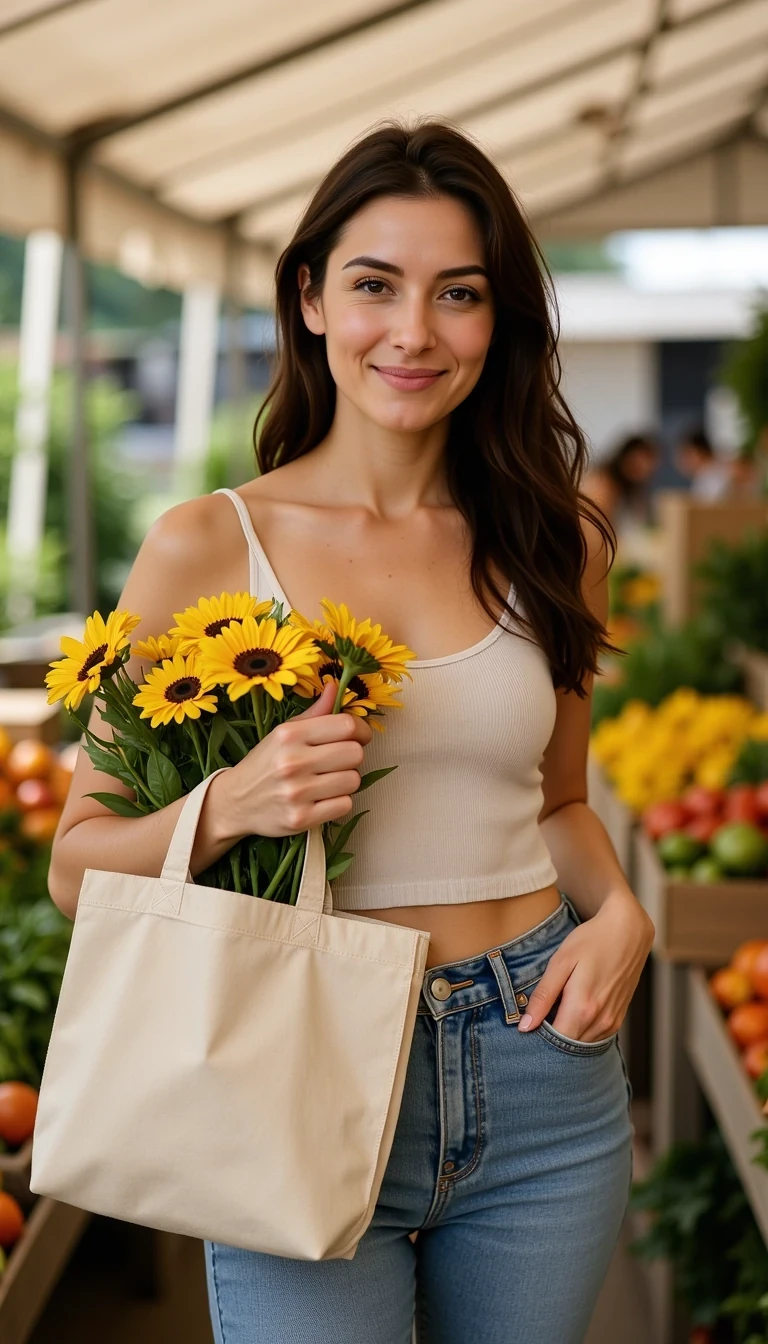 Portrait of woman shopping at a farmer’s market, holding a tote bag with fresh flowers, casual outfit, smiling at camera, CSTMDL woman