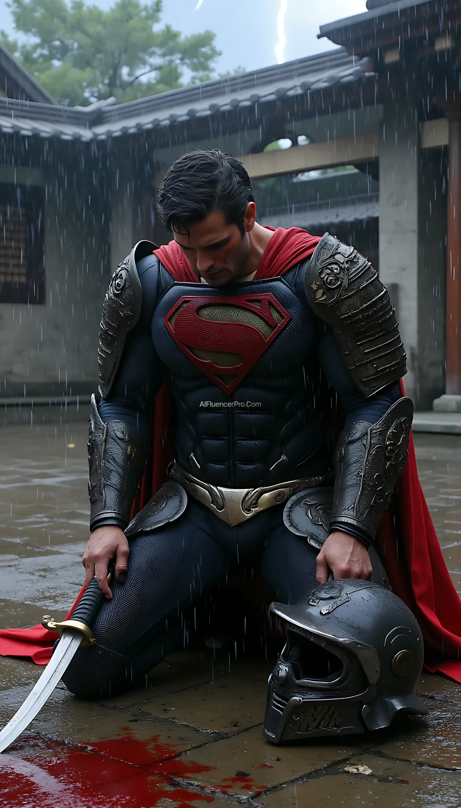 A photorealistic Superman wearing a battle-worn samurai-inspired suit, kneeling in exhaustion after an intense fight. The samurai armor is damaged, with scratches, dents, and torn edges revealing the hardships of battle. The once-pristine metallic plating is smeared with dirt and blood, while the iconic 'S' symbol on his chest remains faintly visible through the grime. His futuristic samurai helmet lies discarded beside him, revealing his disheveled hair and bruised face, marked with determination despite his fatigue. He kneels in a torrential downpour, using his katana to support himself, the blade partially embedded in the wet stone ground. Rain cascades over his battered figure, mixing with blood and mud as it pools around him. The scene is set in an ancient Japanese temple courtyard, shrouded in darkness and lit only by occasional flashes of lightning. Thunder rolls in the distance, adding to the dramatic intensity of the moment as Superman gathers his strength, ready to rise again