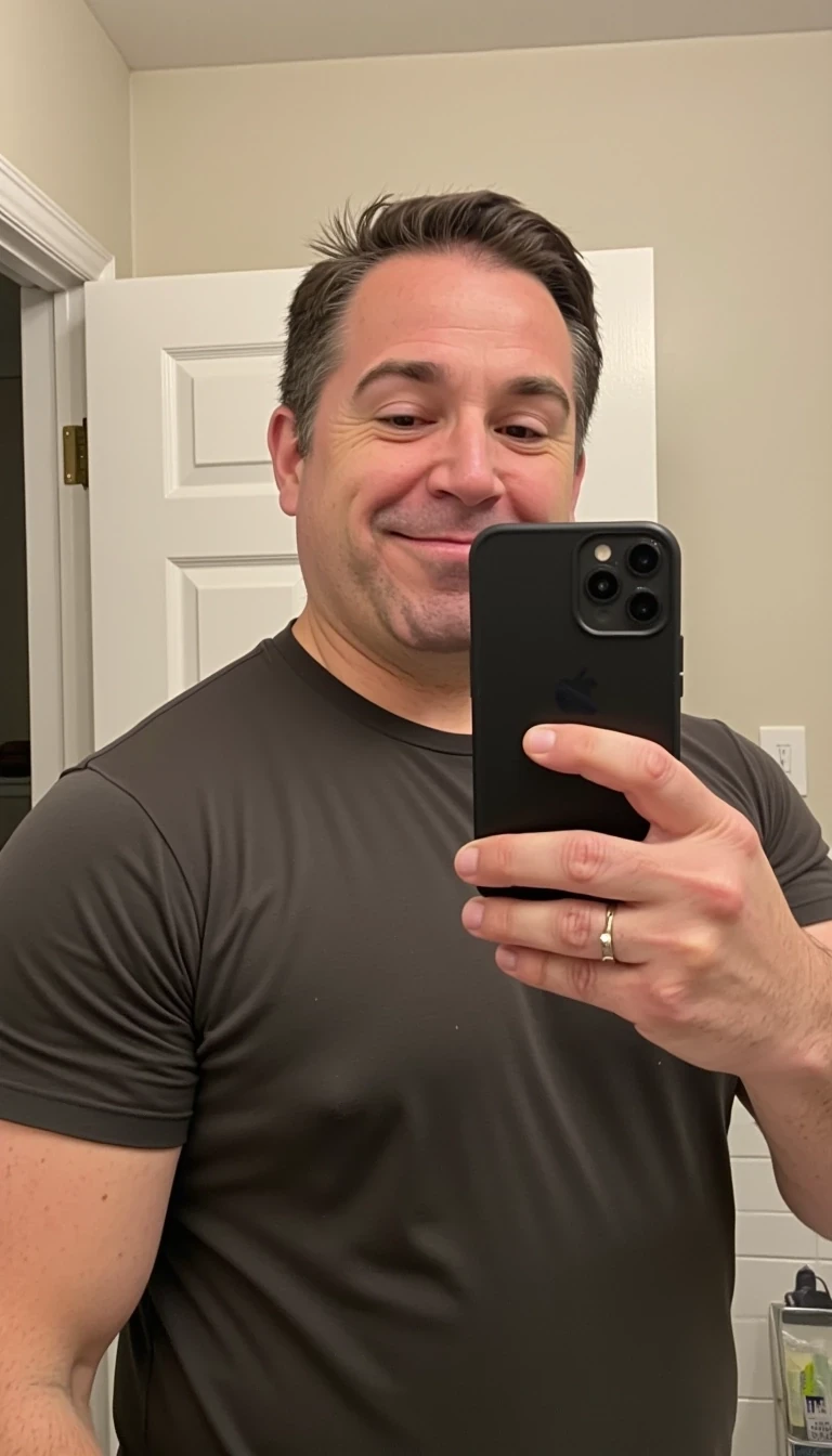 mid distance,  iphone mirror selfie of a mid 40s man CSTMDL with a muscular dad bod. The iPhone is black. he is clean shaven and has a solid colored tshirt on. he does not have any rings on his hand. He does not have rings around his eyes