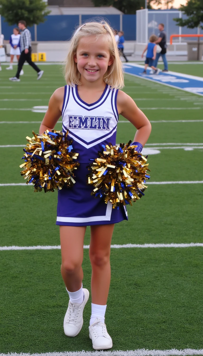 A full body shot photo of a 18 year old smiling white girl with bright blue eyes and short blond hair dressed in a cheerleader outfit on a football field holding her pom poms on a cool dawn afternoon.   