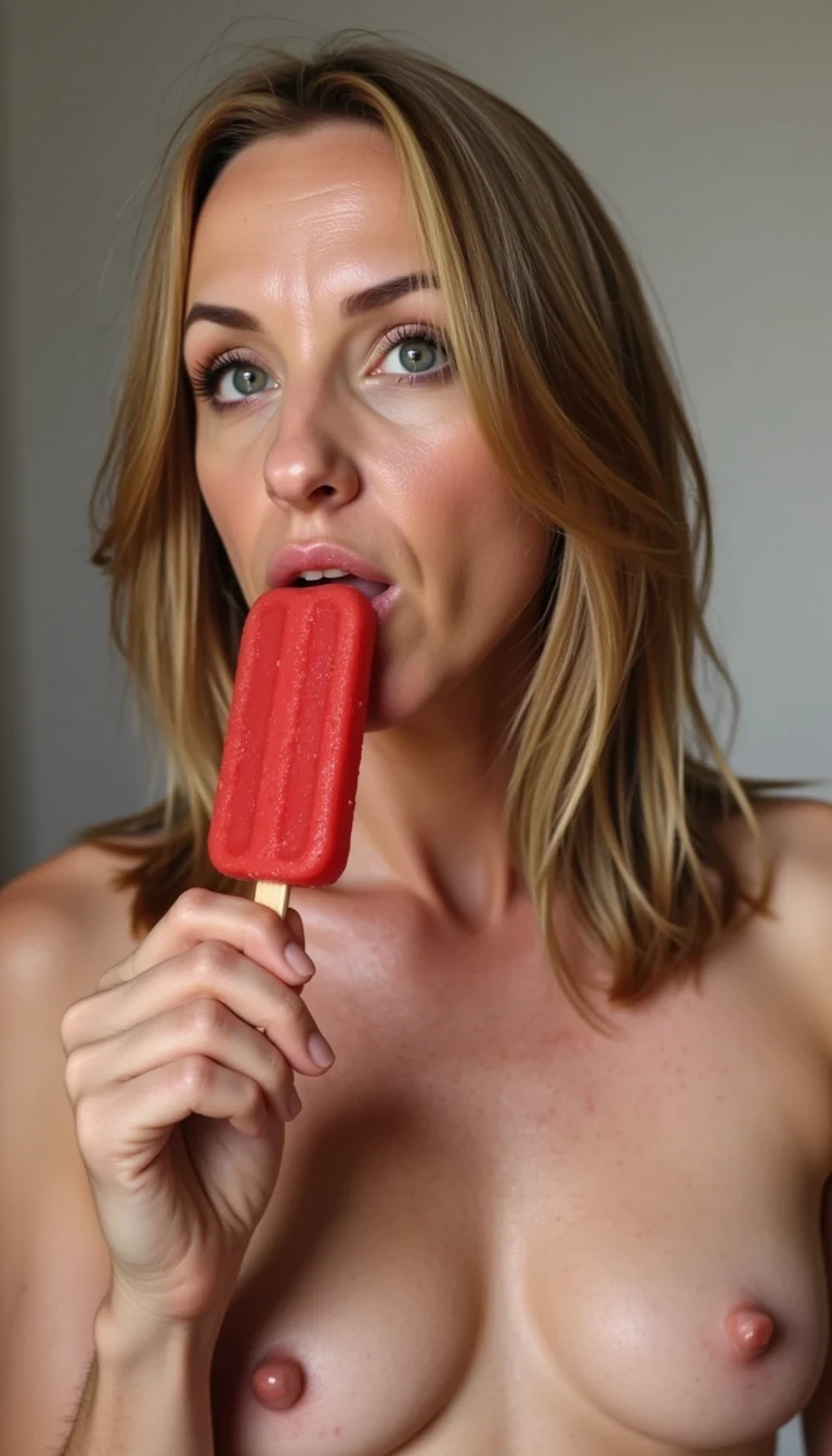 photo of CSTMDL, licking red popsicle,  juic dripping.  Shirtless. 
