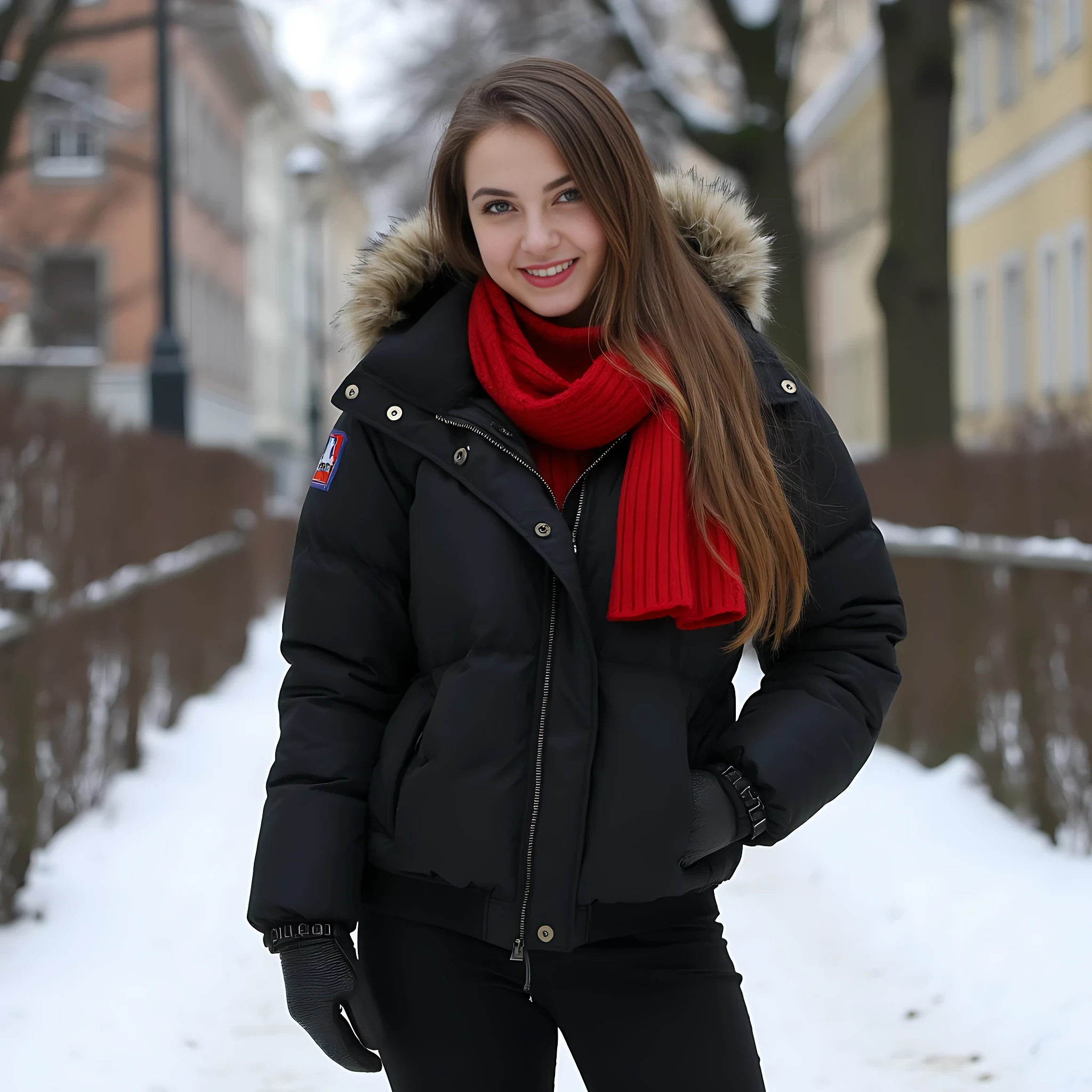 Create an ultra-realistic full body image of a 19 year old Serbian woman with a stunning hourglass figure: slim, curvy, and beautiful, featuring a flat tummy, big hips, and a perfect, perky chest. Her skin is fair, adorned with numerous beauty marks. She stands at 5'9", embodying the epitome of allure and charm with her sharp Slavic facial features. Her captivating baby blue eyes and long, baby brown hair enhance her mesmerizing presence. Dressed in winter attire, black jacket, black leggings, gloves on hands, and boots, red scarf on neck and head, in belgrade, serbia setting outside. she is smiling a lot, Her expression is one of confidence and allure, making her every man's dream girl. Focus on extreme realism, especially in her facial details, white milky skin, no makeup, natural look ,natural breasts