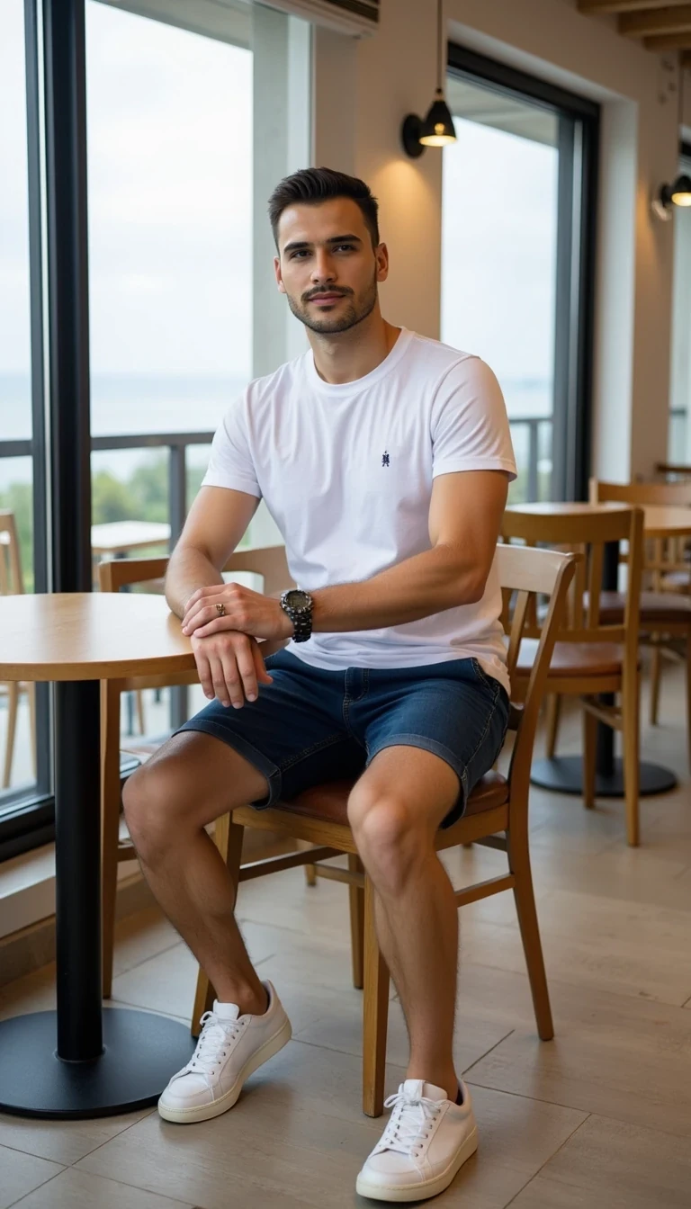 Photorealistic full-body photo of a young handsome man, he wears white t-shirt, blue shorts, white sneakers, he is sitting on chair in new modern caffe near the sea
Lifestyle influencer aesthetic, cinematic realism, ultra-detailed, 8K
The photo feels cinematic, influencer-style, high quality, professional composition.
Well lit picture, Style: Photorealistic Lighting: studio lighting 
Details: Bright Lighting, High Detail, 4K
he stand infront of camera , photoghraped by a photograph
