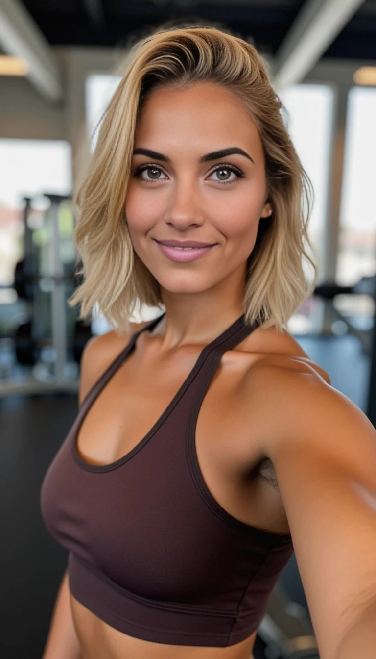 boring low quality snapchat photo circa 2015, a fit woman model as fitness influencer wearing gym outfit in the bodybuilding gym, Portraits of a young woman in her late twenties with short blonde wavy hair and green eyes. Athletic, toned and tanned. 