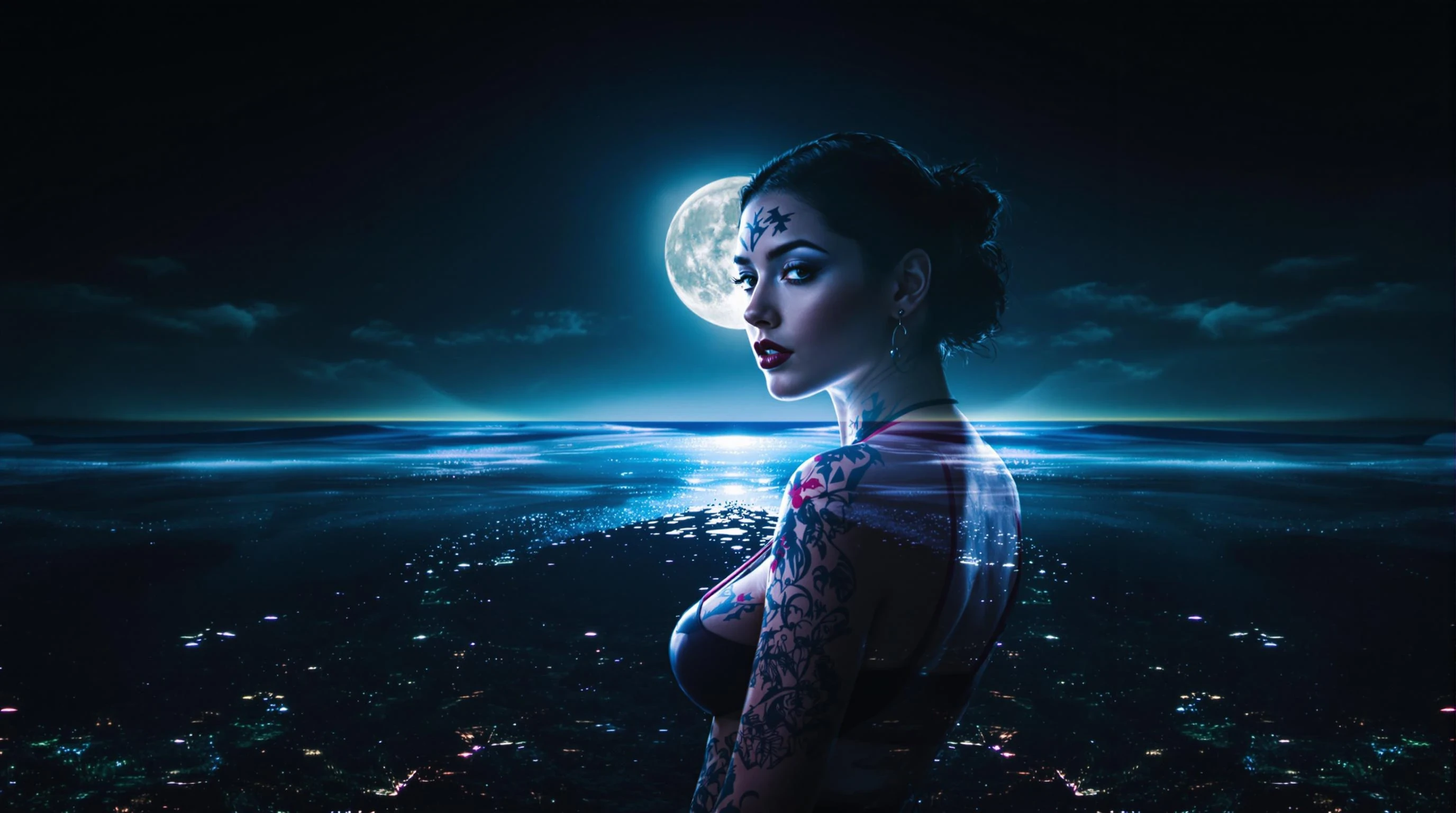 A stunning symmetrical image of a woman with tattoos looking sideways, set on a dark tropical beach at night. Strong moonlight and neon reflections. Empty space in the center for a logo overlay. Mystical, powerful, TrapNation-inspired.
