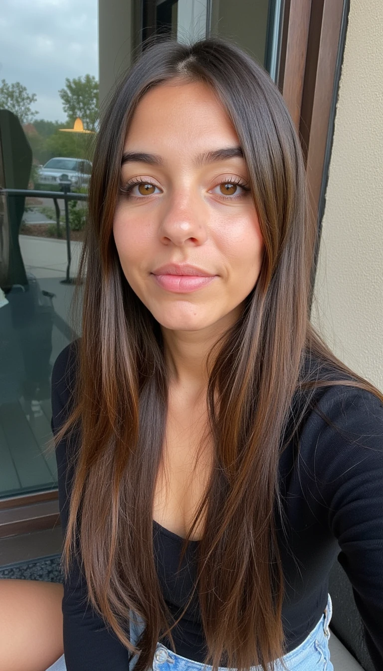 realistic daytime selfie near a glass window, 1girl, solo, long brown straight hair, brown eyes, tanned smooth skin, full lips, soft makeup with highlighter, dark long-sleeve top, natural outdoor lighting, subtle reflections, sitting near glass wall, calm expression, Instagram-style portrait, Gen Z beauty aesthetic


