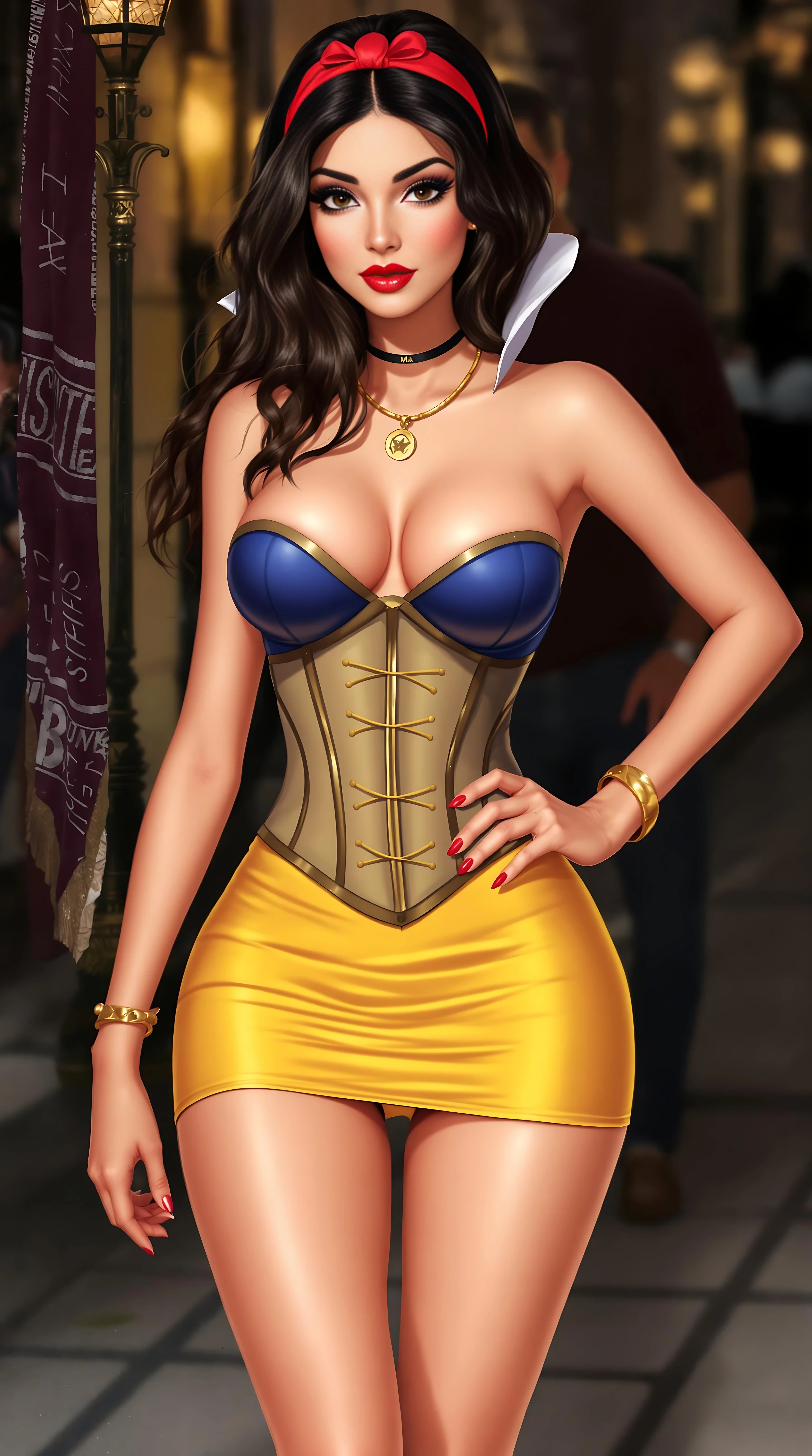 Digital ai art illustration, A modern Disney princess snow white, shes wearing a skin-tight strapless backless corset inspired-style top and a skin-tight short micro tube short skirt, gold armlet, cute bracelet, flat stomach, full ultra-glossy lips, super thin outfit fabric, disney princess snow white was spotted leaving a nightclub tonight, her heels with ankle straps giving her a sluty walk, name necklace, snow white is a baddie and she proved it a bit to much tonight, 