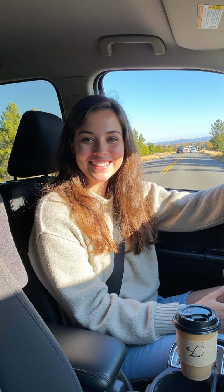 boring low quality snapchat photo circa 2015, A young woman with a warm smile, sitting in the driver's seat of a cozy car. She has soft, wavy brown hair cascading past her shoulders. The sunlight streams through the window, casting a gentle glow on her face. The interior of the car is neat and comfortable, with a coffee cup in the cup holder and a small plant on the dashboard. The background outside the window shows a scenic road lined with trees and blue skies
