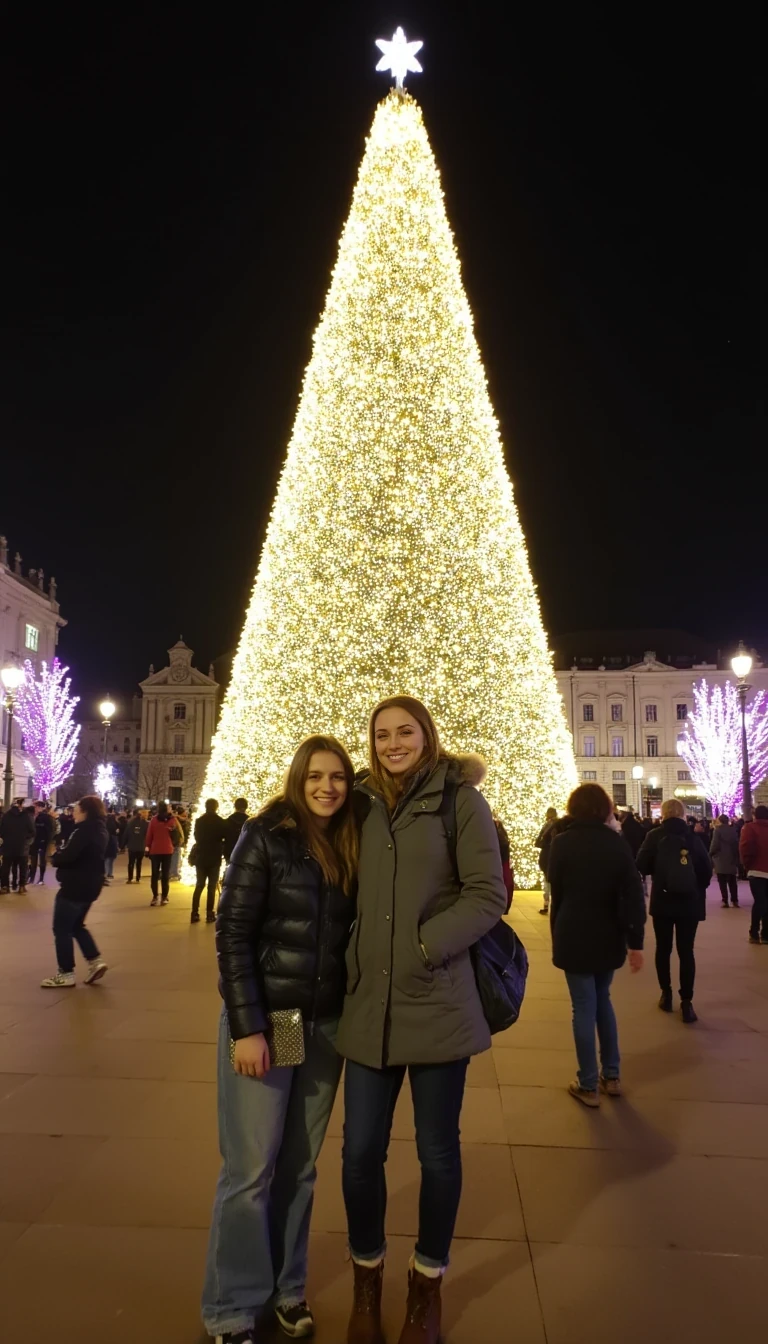 boring low quality snapchat photo circa 2015, cute woman, light brown hair, smiling, standing in front of a large Christmas tree on display in the city centre of a large city, the Christmas tree is covered in lights that are a yellowish white,  she is wearing a plain grey winter coat, jeans, brown boots, it is night time, many other people are walking and standing in the area around her, two twenty year old girls are standing with her, they are all friends, it's a fun atmosphere