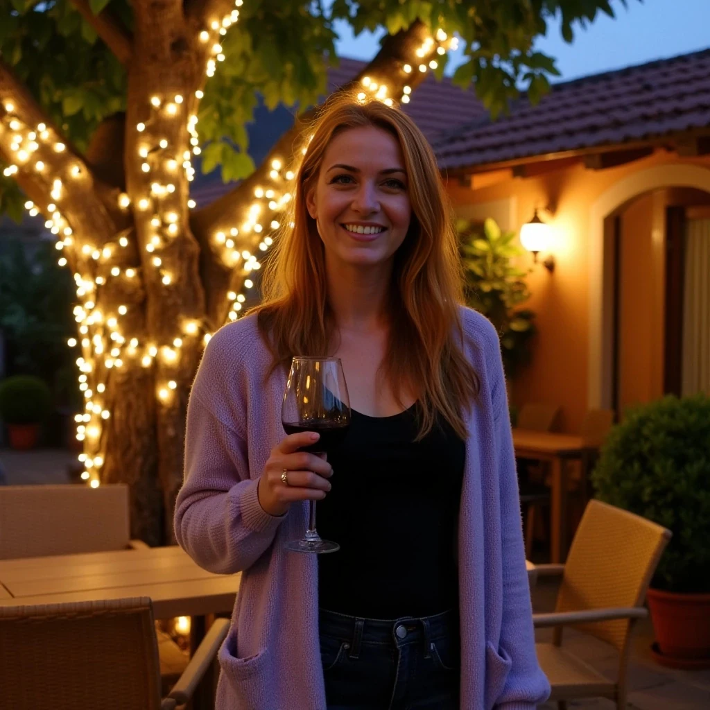 A full body shot photo of a woman standing outdoors at a cozy, warmly lit patio in the evening, with soft, glowing lights wrapped around a tree behind them creating a charming atmosphere. The image is rich in detail, with warm tones and clear textures throughout. The woman has fair skin, a slim build, and long reddish-blonde hair, also worn loose. She is smiling warmly at the camera, holding a glass of red wine in her right hand, and wears a soft-textured lavender cardigan over a black top. The background features a large tree with sparkling string lights wrapped around its trunk and branches, adding a magical touch to the scene. The setting suggests a private outdoor seating area, with elements like terracotta-tiled roofing, greenery, and rattan chairs contributing to a serene, inviting vibe. The overall composition is balanced, with the woman framed against the softly glowing tree, and the lighting enhances the warm, intimate feel of a quiet evening shared among friends. The details are vivid, with textures of clothing, skin, and background elements clearly visible, while the warm lighting creates a relaxed and joyful mood