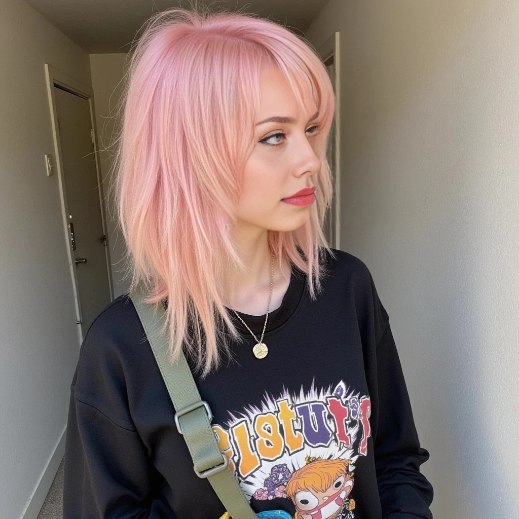 boring low quality snapchat photo circa 2015, cute woman, soft light pink hair in punk style similar to the one in the picture, full outfit