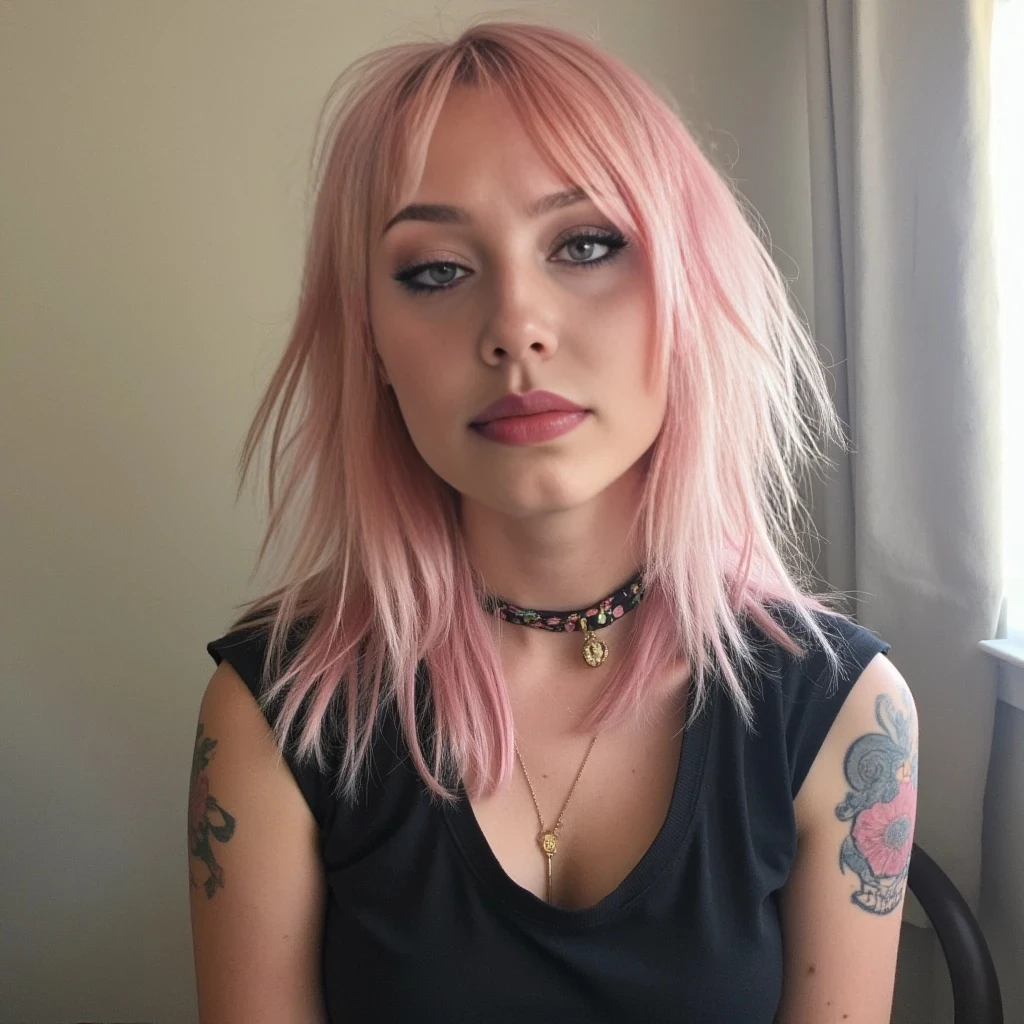 boring low quality snapchat photo circa 2015, cute woman, soft light pink hair in punk style similar to the one in the picture, full outfit