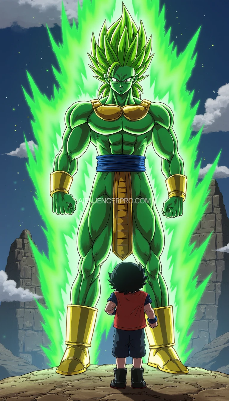 vegeta standing in ultra ego form staring at broly, broly in his green form
