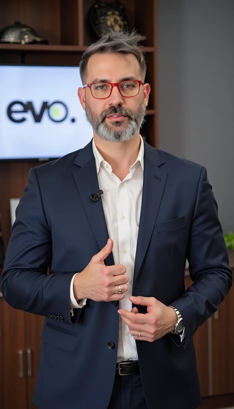 Businessman. He is wearing a suit and modern red reading glasses. Slim but muscular. He is standing, giving a conference with a headset microphone. The photo is front-facing, looking directly at the camera.