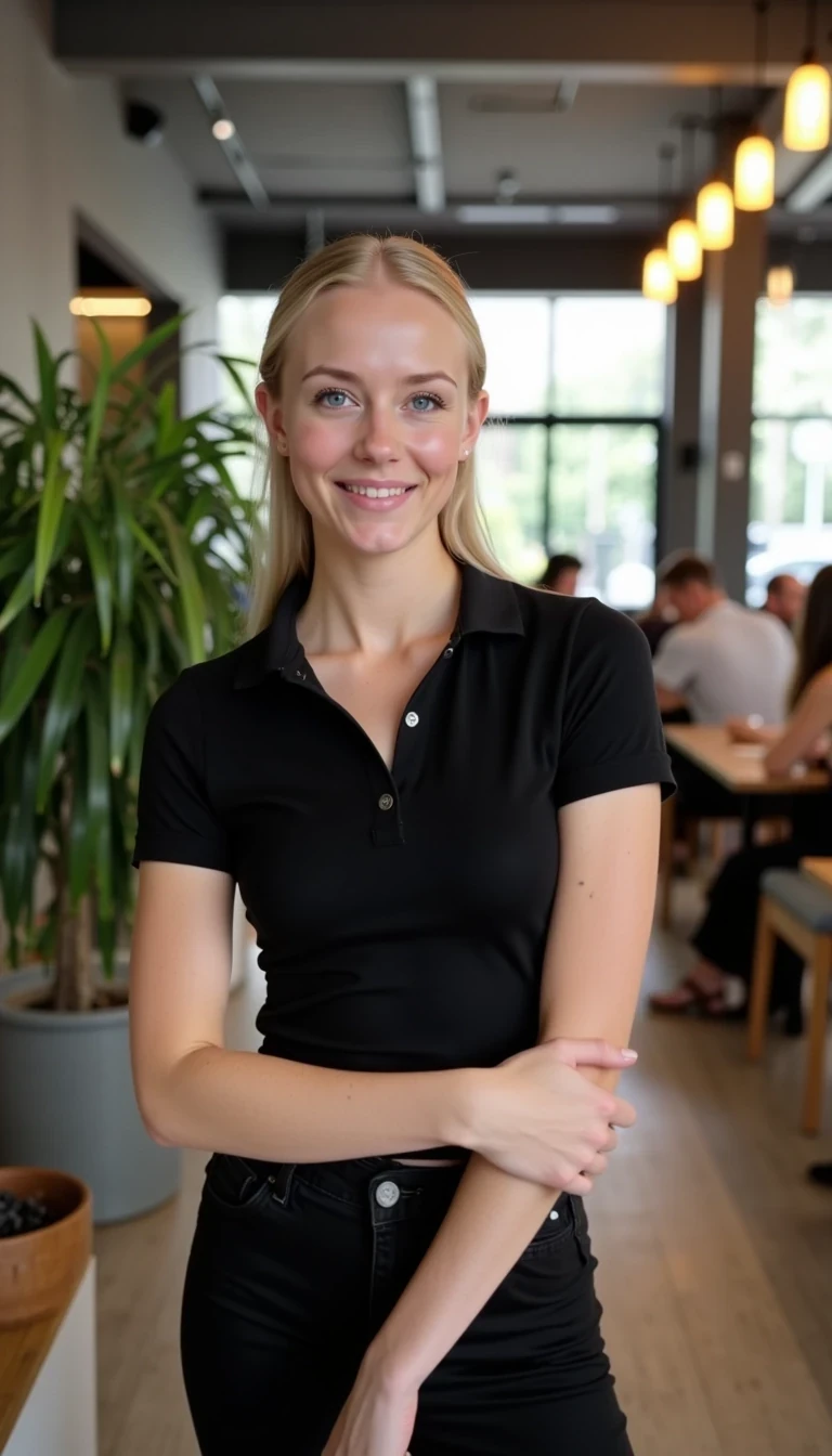 CSTMDL, Hailey, A photorealistic portrait of a young woman in her early 20s with fair porcelain skin, smooth complexion, subtle natural makeup with soft pink lips and light eyeliner, straight blonde hair tied back in a neat ponytail, bright blue eyes sparkling with warmth, friendly genuine smile revealing straight white teeth, confident and approachable demeanor, gazing directly at the viewer with engaging eye contact; she is wearing a fitted black short-sleeved polo shirt, tucked into slim black pants, no visible accessories; she isnt carrying anything. set in a modern upscale cafe interior with high ceilings, large floor-to-ceiling windows allowing soft diffused natural daylight to flood in from the right side, creating gentle highlights and soft shadows on her face and clothing, warm ambient hanging pendant lights with golden glow in the background; background details include a tall green potted plant with broad leaves to the left, patrons seated at wooden tables including a man in a beige shirt facing away, another in gray chatting, and a woman in a black tank top with long brown hair; dominant colors are neutral blacks and grays with pops of green foliage, warm wood tones; overall welcoming and lively casual dining atmosphere, evoking freshness and hospitality; composition is a medium close-up shot from a slight low angle to emphasize approachability, framed centrally with balanced symmetry, captured with a Canon EOS 5D Mark IV camera using a 50mm prime lens at f/2.8 aperture for shallow depth of field, ISO 100 for crisp details, natural window lighting supplemented by soft indoor LEDs at 4000K color temperature, hyper-realistic textures like the soft cotton weave of the polo shirt, and smooth skin pores; ultra-detailed, hyperrealism, photorealistic rendering indistinguishable from a high-resolution photograph, 8k resolution, sharp focus on the woman and plate with bokeh background.