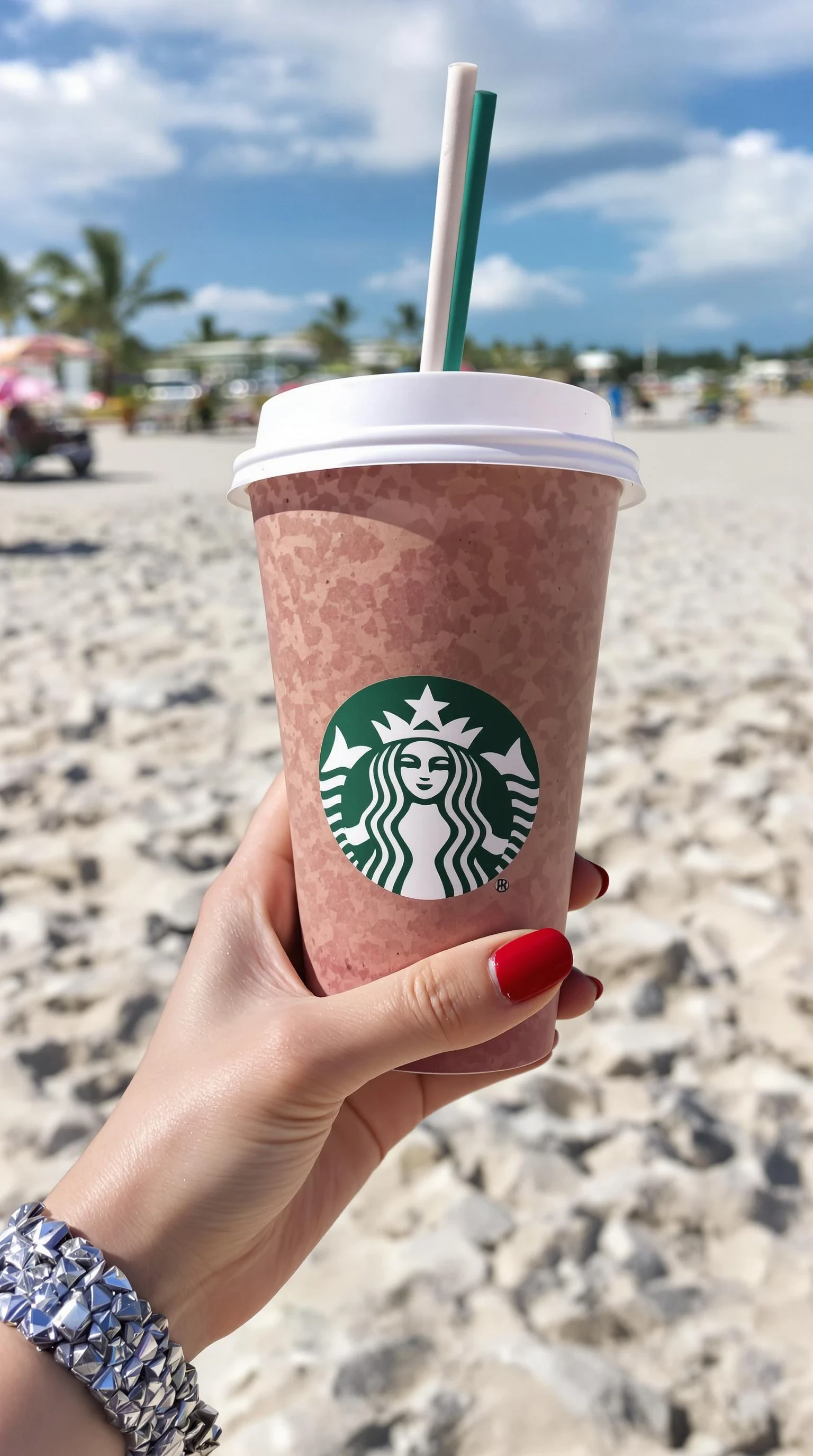 girl's hand holding starbuck coffee, red polished nails, at beach in miami