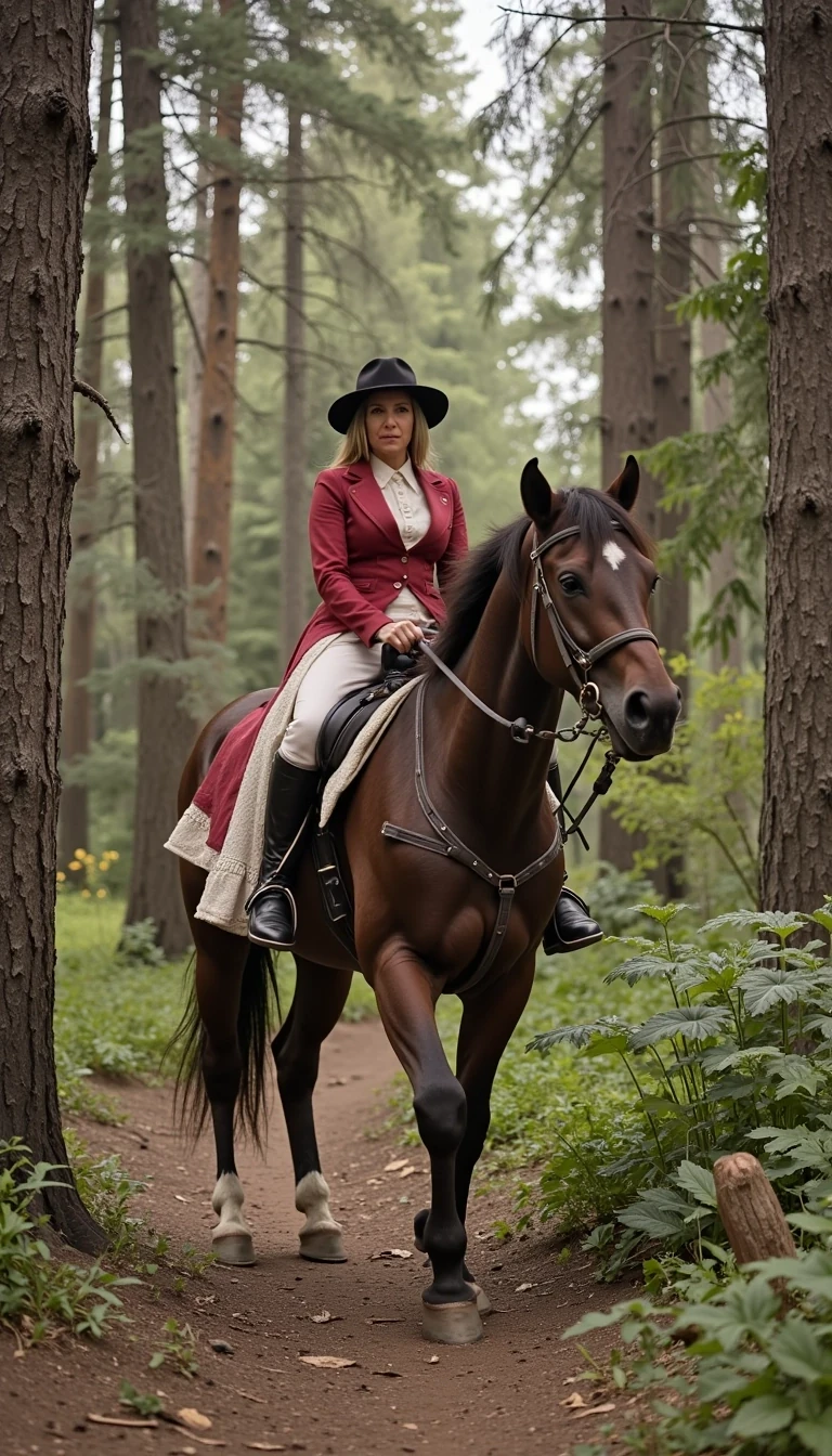 Circa 1885 woman riding horse back through a forest