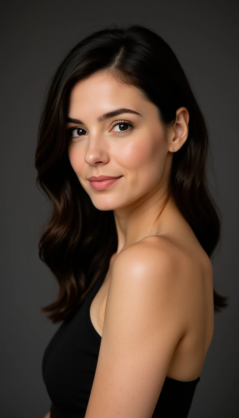 studio head-and-shoulders portrait, elegant brunette with side part, charcoal grey backdrop, soft key light from camera left, confident gaze, Ava Moreau FaceLock
