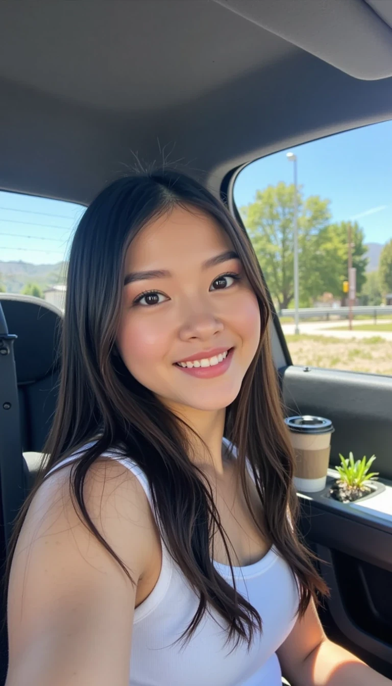 boring low quality snapchat photo circa 2015, Hana CSTMDL with a warm smile, sitting in the driver's seat of a cozy car. She has soft, wavy brown hair cascading past her shoulders. The sunlight streams through the window, casting a gentle glow on her face. The interior of the car is neat and comfortable, with a coffee cup in the cup holder and a small plant on the dashboard. The background outside the window shows a scenic road lined with trees and blue skies