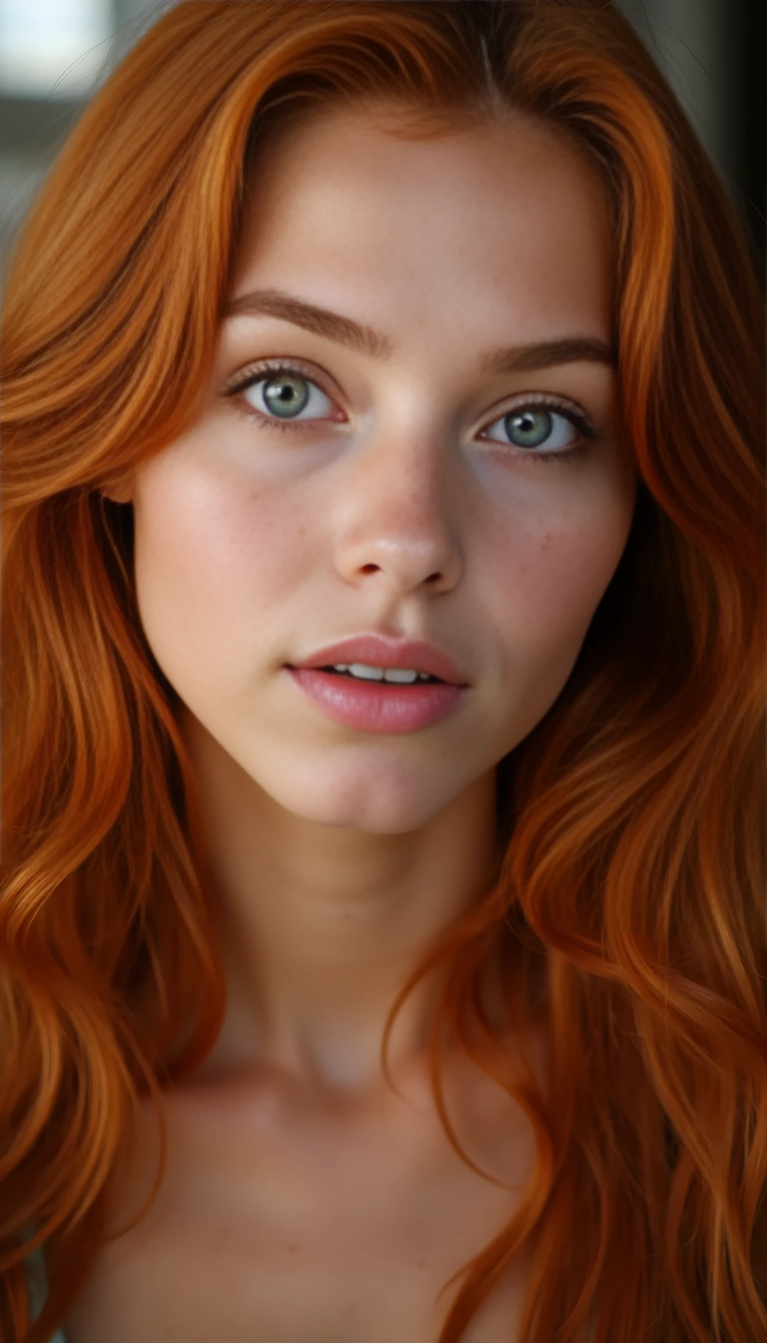 A portrait photo of a beautiful 20 years old model, mixed ethnicity of half white American half Brazilian, with soft red hair, emerald green eyes, light freckles across her nose, ultra detailed eyes with sharp iris reflections, slight smile, studio-quality, extremely realistic HD