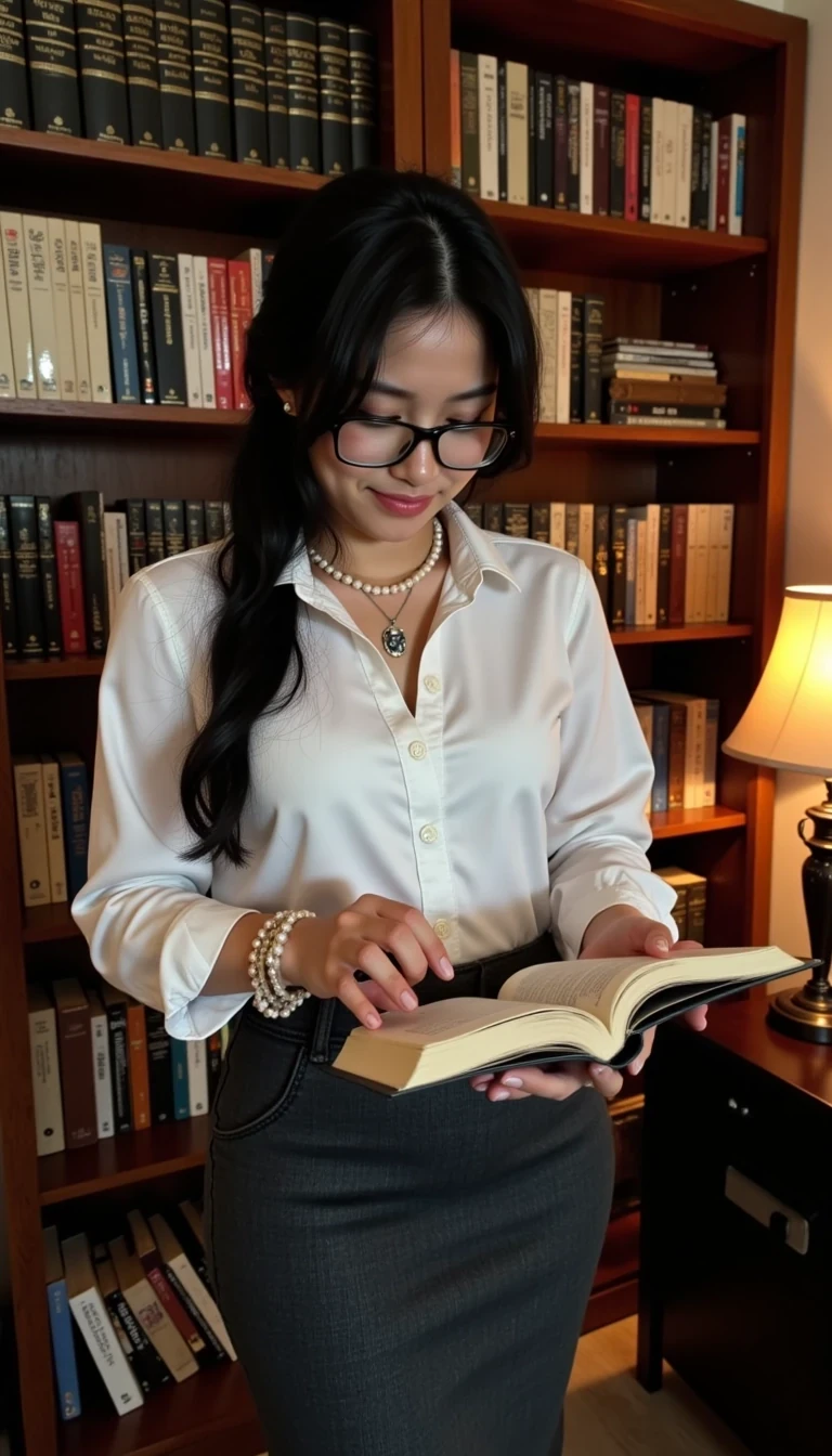 This is a high-resolution photograph of Amy, a sultry black haired woman with long, wavy hair tucked into a tight bun. She’s wearing rectangular black-framed glasses, a fitted white blouse, and a charcoal gray pencil skirt that hugs her curves. Her blouse is buttoned to the top, and she wears a pearl necklace with a vintage cameo pendant. Amy is standing in front of a tall bookshelf filled with classic novels, the warm glow of a desk lamp casting golden tones across the scene. She is holding a book open in one hand and looking down at it with a soft smile. The camera angle is slightly low, capturing her from the waist up, emphasizing the curve of her hips and the crisp professionalism of her outfit.
