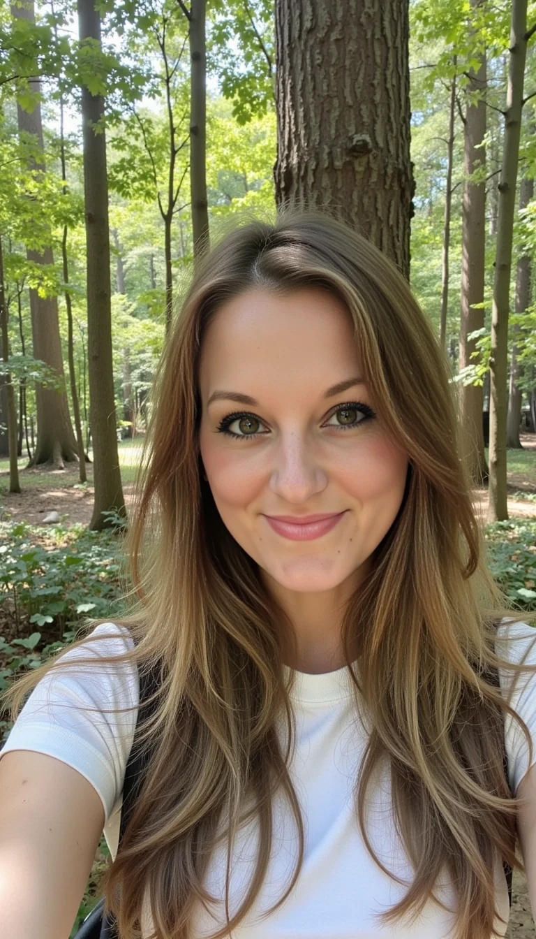Photo of woman CSTMDL standing outside in the forest selfie