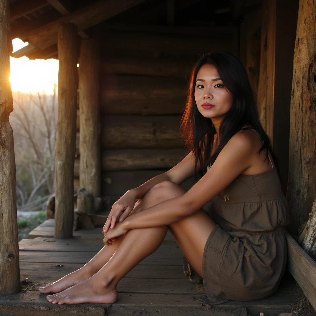 boring low quality snapchat photo circa 2015, sun setting, very poor village girl, asian woman, cute, nice body, dark brown hair, poor girl outfit, barefoot, muddy dress, sitting in wood hut, bigger boobs. 