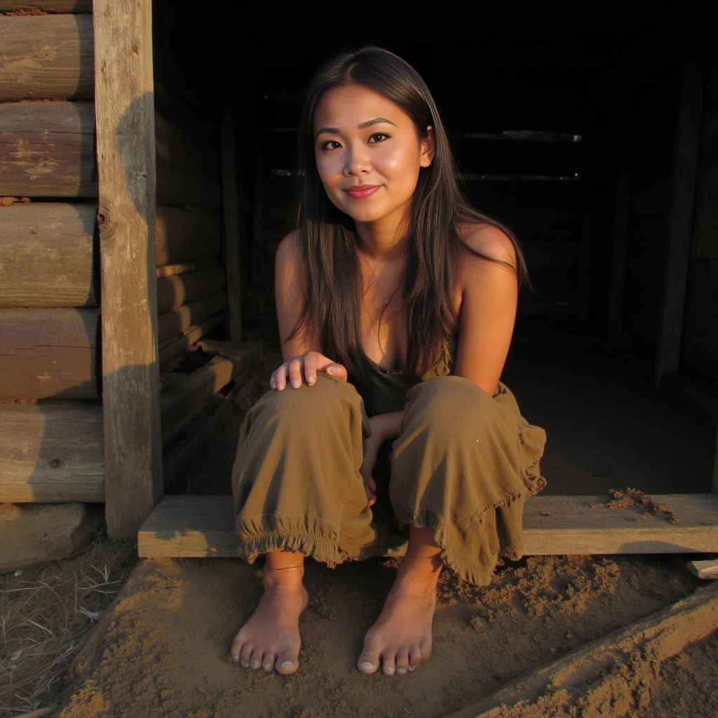 boring low quality snapchat photo circa 2015, sun setting, very poor village girl, asian woman, cute, nice body, dark brown hair, poor girl outfit, barefoot, muddy dress, sitting in wood hut, bigger boobs. 