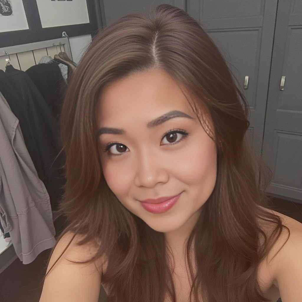 boring low quality snapchat photo circa 2015, Asian, cute woman, lives in poverty, brown hair, standing, full body, naked, mud hut home, nice pussy 