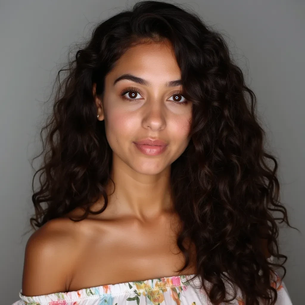 Full body image of a 21 year old woman with long curly brunette hair, round shape face, unturned brown eyes, funnel nose with a slim bridge, full shaped lips,
