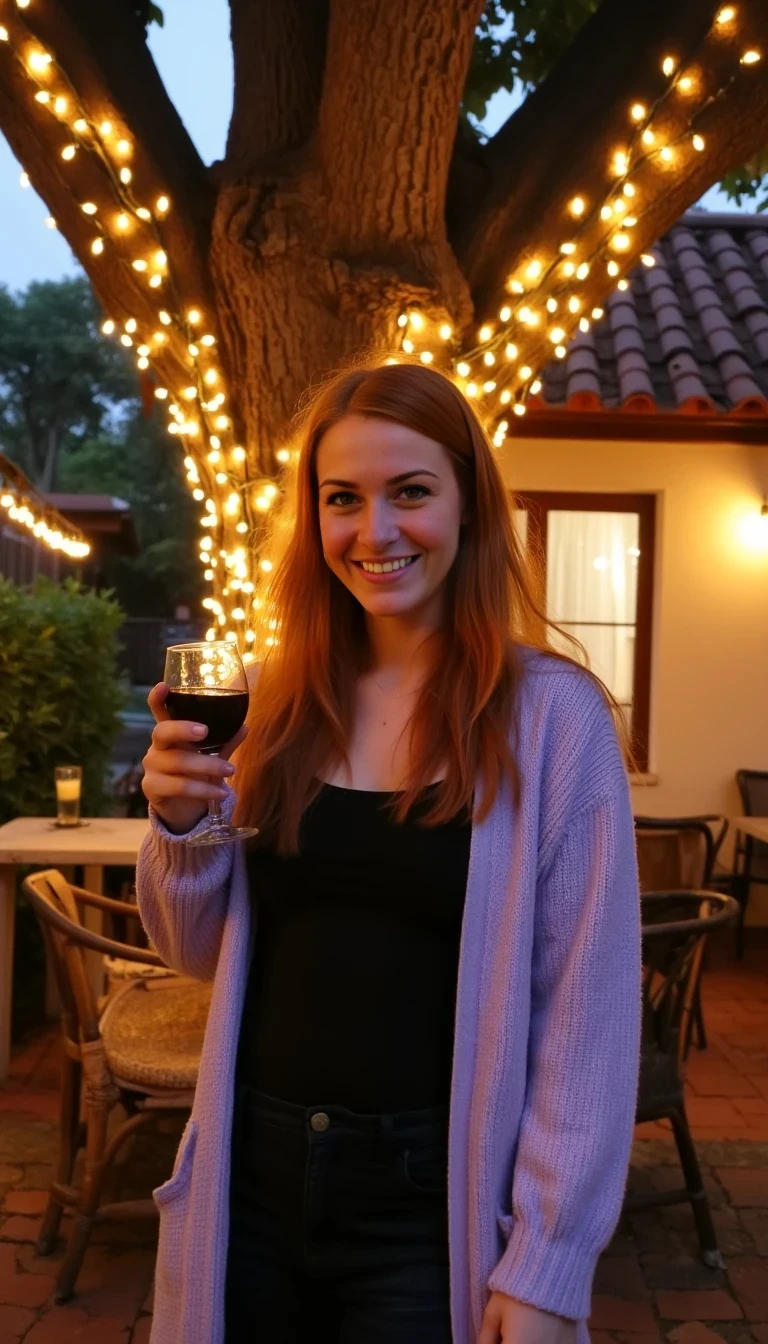 A full body shot photo of a woman standing outdoors at a cozy, warmly lit patio in the evening, with soft, glowing lights wrapped around a tree behind them creating a charming atmosphere. The image is rich in detail, with warm tones and clear textures throughout. The woman has fair skin, a slim build, and long reddish-blonde hair, also worn loose. She is smiling warmly at the camera, holding a glass of red wine in her right hand, and wears a soft-textured lavender cardigan over a black top. The background features a large tree with sparkling string lights wrapped around its trunk and branches, adding a magical touch to the scene. The setting suggests a private outdoor seating area, with elements like terracotta-tiled roofing, greenery, and rattan chairs contributing to a serene, inviting vibe. The overall composition is balanced, with the woman framed against the softly glowing tree, and the lighting enhances the warm, intimate feel of a quiet evening shared among friends. The details are vivid, with textures of clothing, skin, and background elements clearly visible, while the warm lighting creates a relaxed and joyful mood