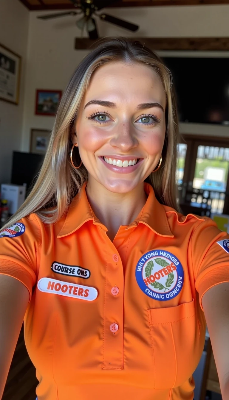 photo of woman CSTMDL, she should be wearing a hooters uniform,she should be smiling