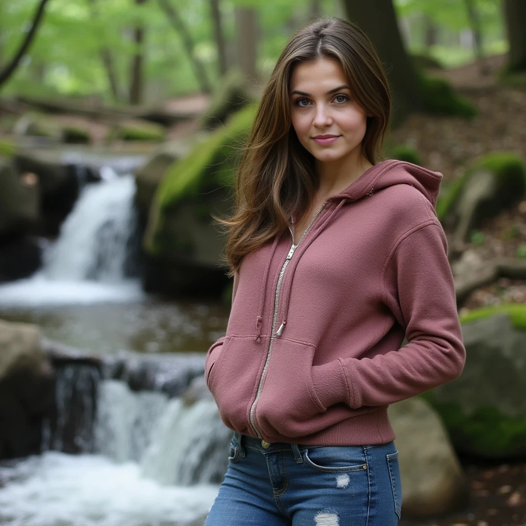 young 24 year old sexy Russian woman with brown hair and green eyes, big boobs, sexy ass, wearing tight jeans, a hoodie, posing in the woods next to a waterfall, has a warm smile