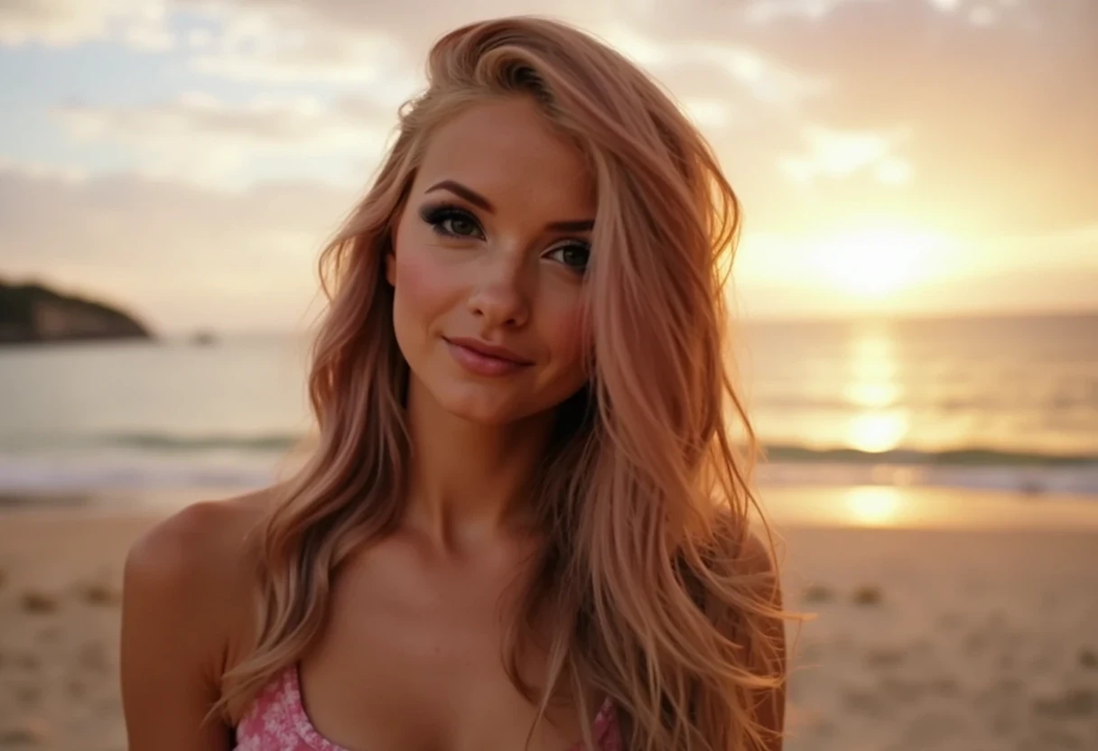 low quality snapchat photo circa 2015, cute woman CSTMDL, on a beach during sunrise