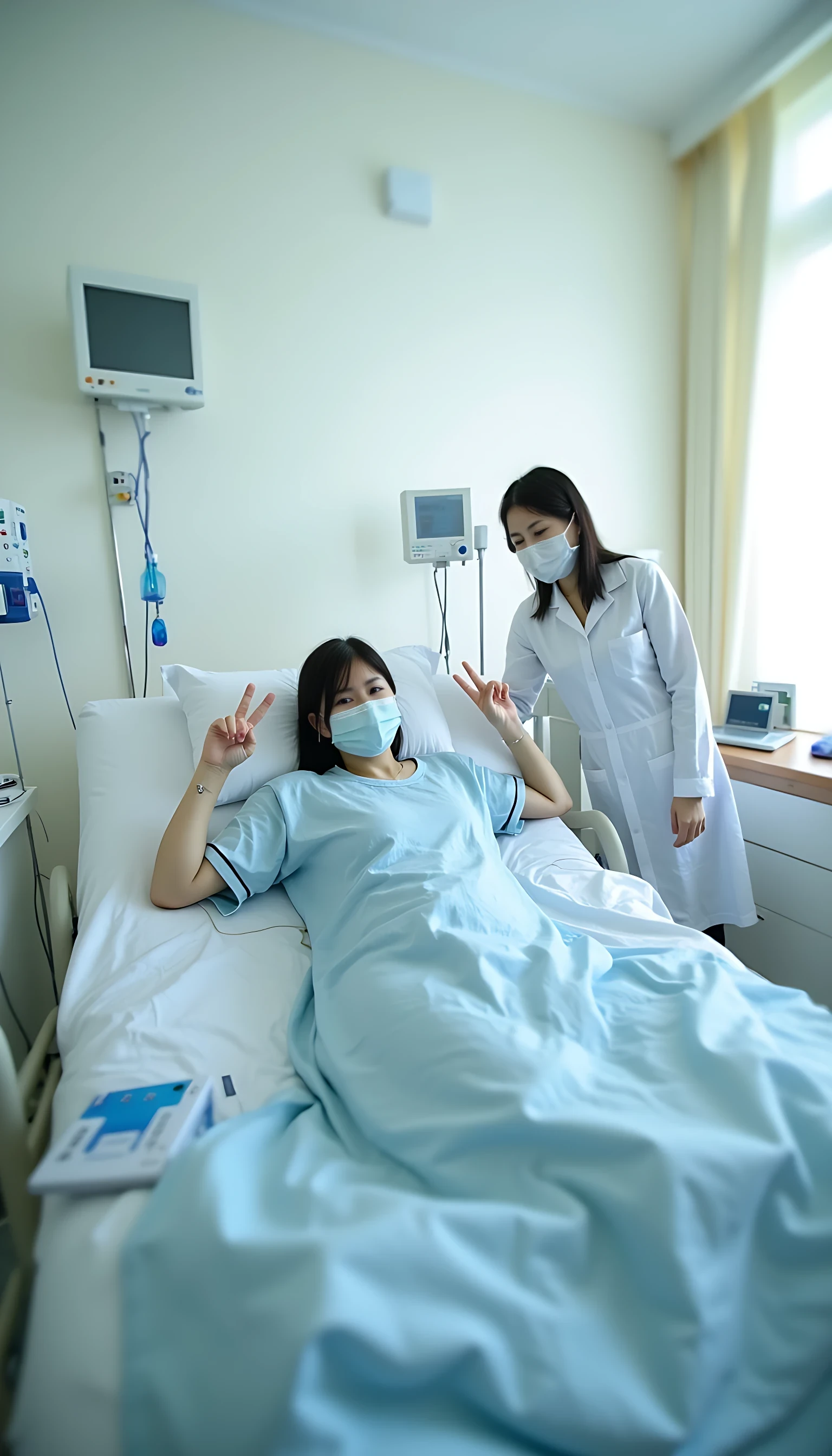 A hyper-realistic scene of a woman lying on a hospital bed in a clean, well-lit hospital room. She is wearing a light-blue patient gown, connected to modern medical equipment like an IV drip and monitors. The woman has short black hair, is wearing a medical mask, and confidently holds up a victory sign with her hand. Beside her stands a staff nurse in a white uniform and a mask, attending to her with a calm and professional demeanor. The atmosphere is hopeful, with soft natural light streaming in from a nearby window, adding a sense of warmth and optimism to the setting. The scene captures the resilience and confidence of the woman despite her surroundings.
